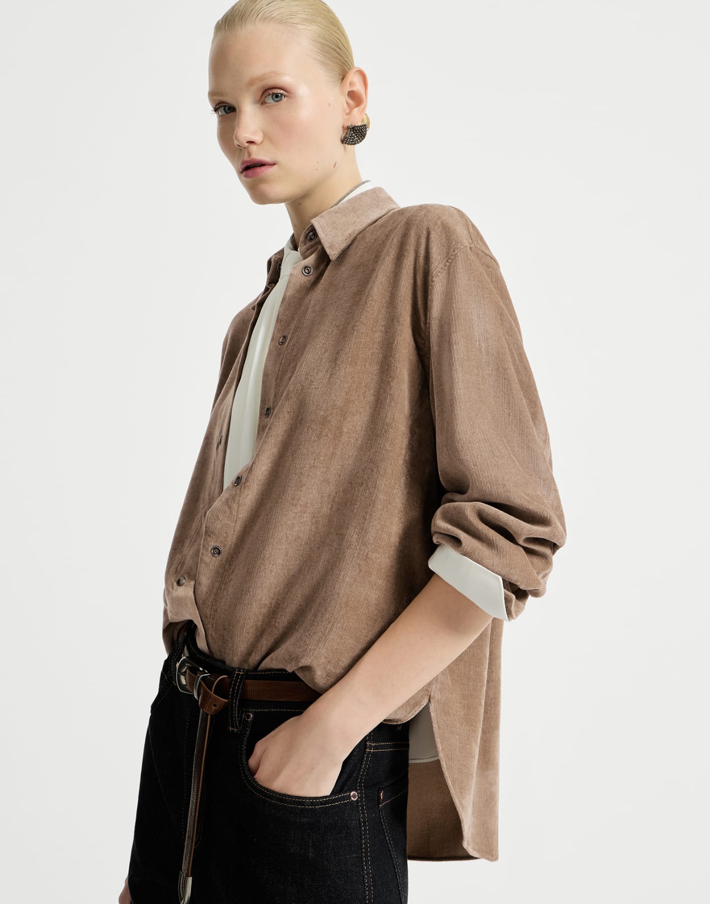 Fluid corduroy shirt Cappuccino Woman - Brunello Cucinelli