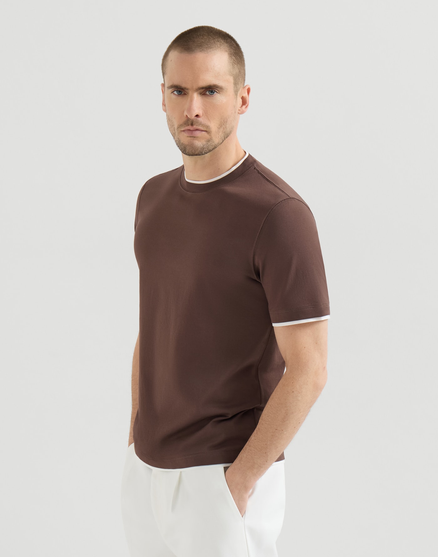 T-shirt with faux-layering Brown Man - Brunello Cucinelli
