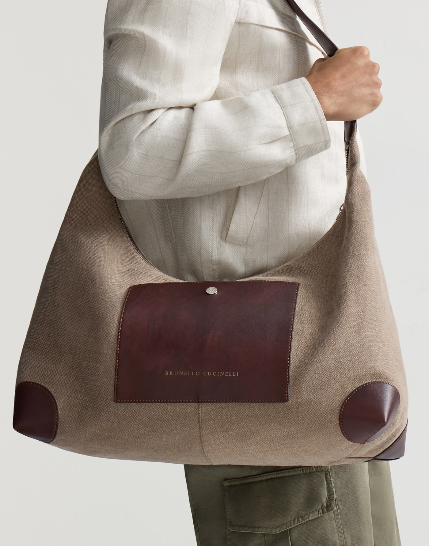 Canvas and calfskin messenger bag Leather Man - Brunello Cucinelli