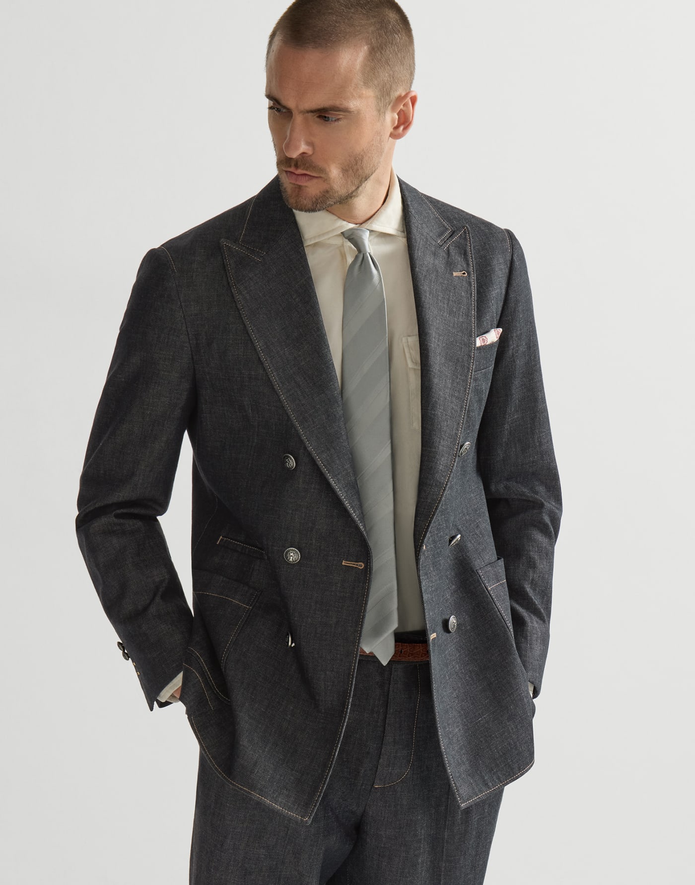 Giacca decostruita in denim no fade Grigio Scuro Uomo - Brunello Cucinelli