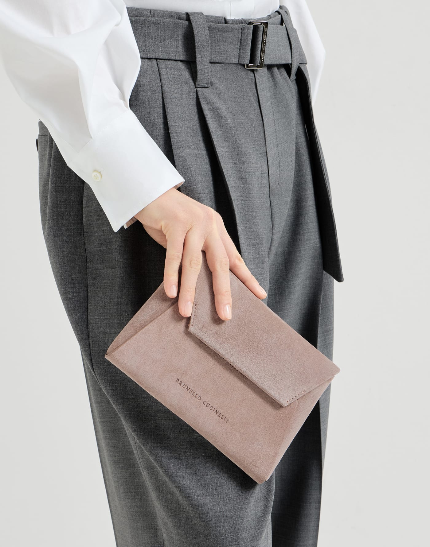 Duo pochette in suede with precious chain Pink Woman - Brunello Cucinelli