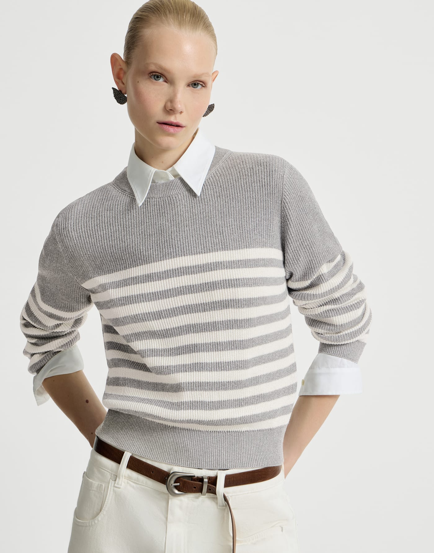 Cotton Sparkling yarn sweater Silver Woman - Brunello Cucinelli