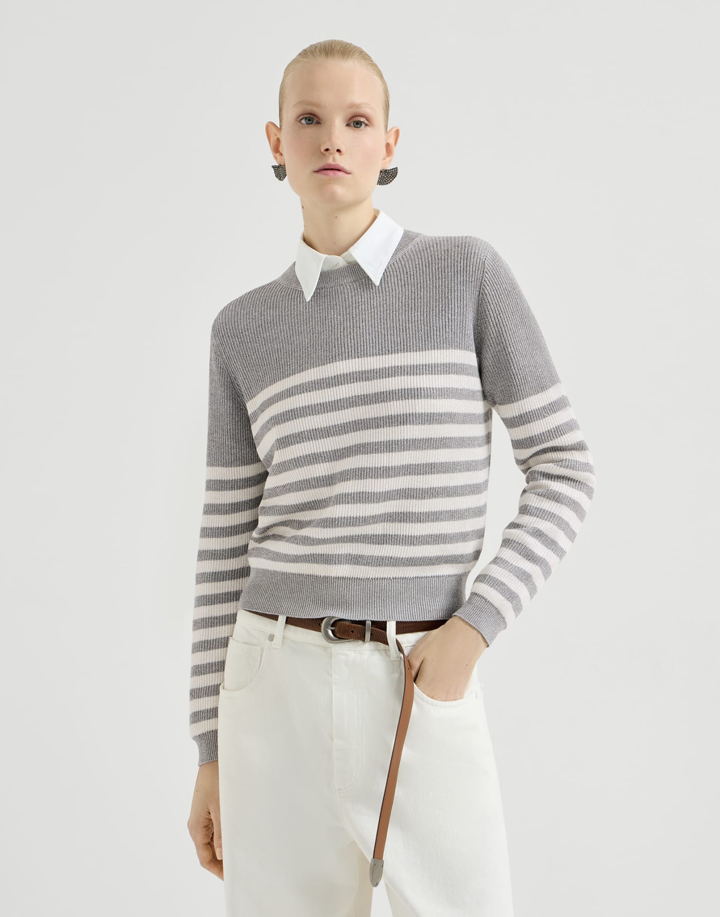 Cotton Sparkling yarn sweater Silver Woman - Brunello Cucinelli