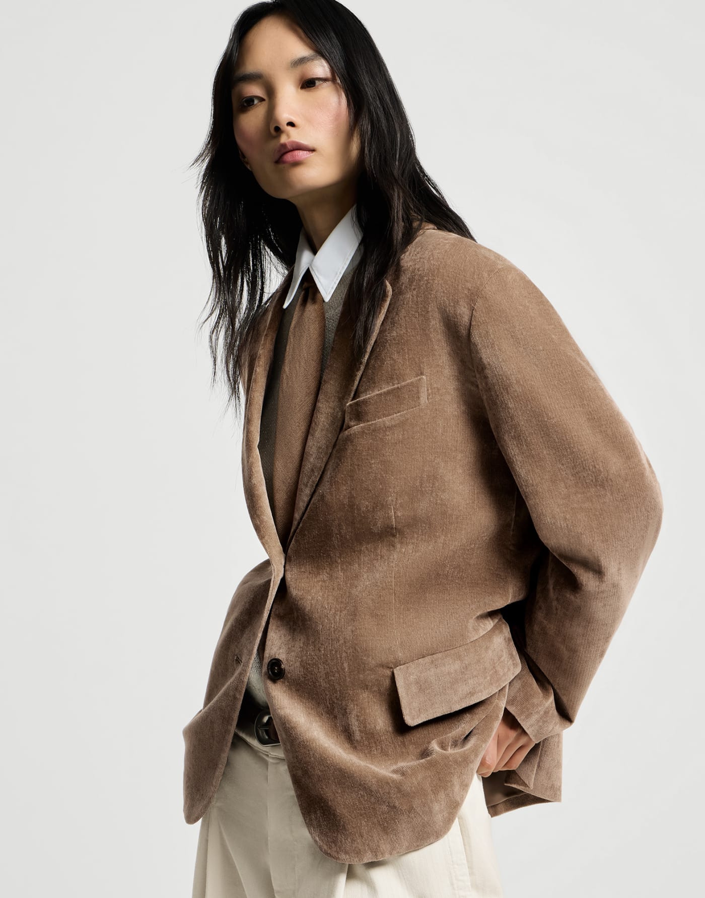 Fluid corduroy blazer Cappuccino Woman - Brunello Cucinelli
