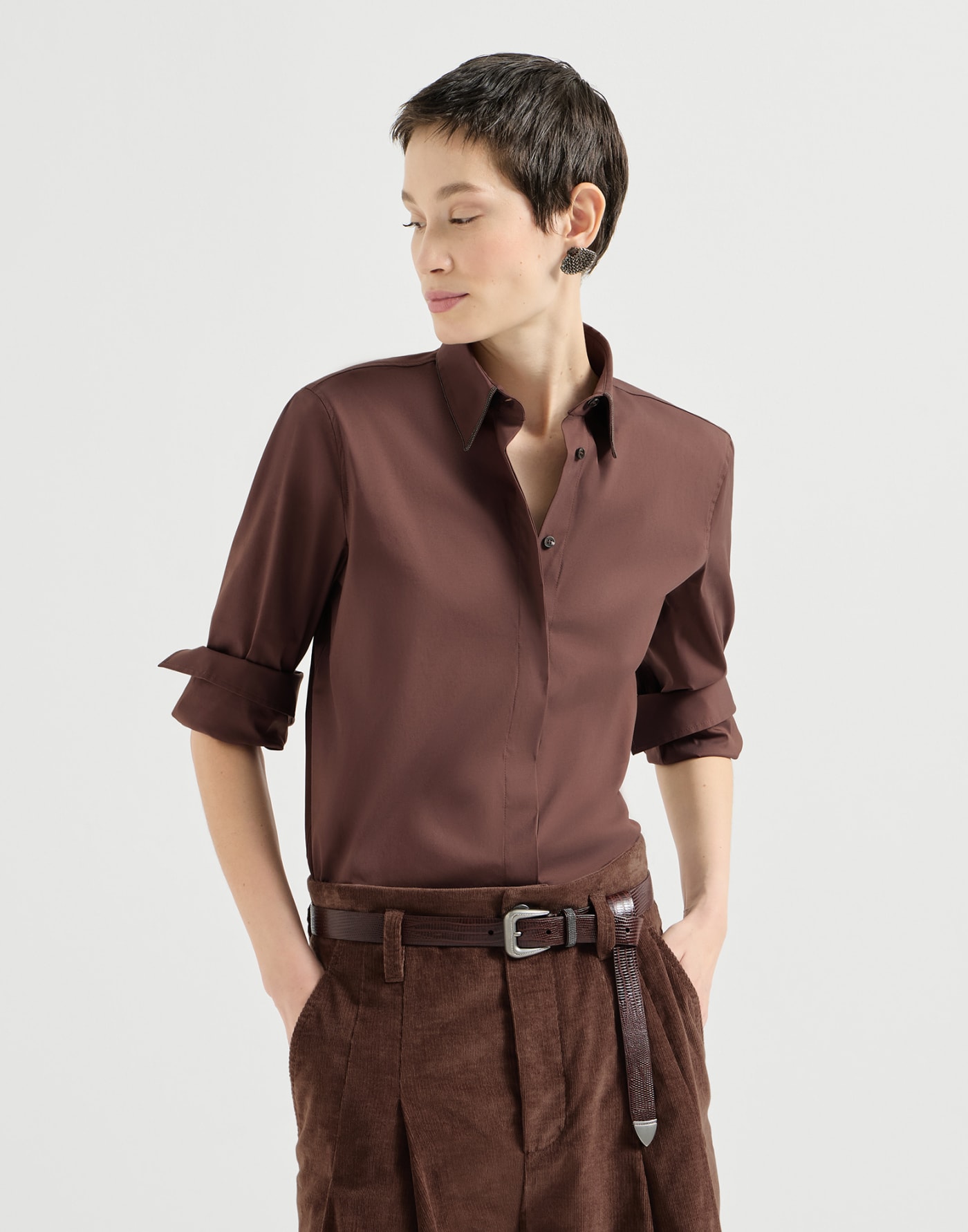 Stretch poplin shirt with monili Mauve Woman - Brunello Cucinelli