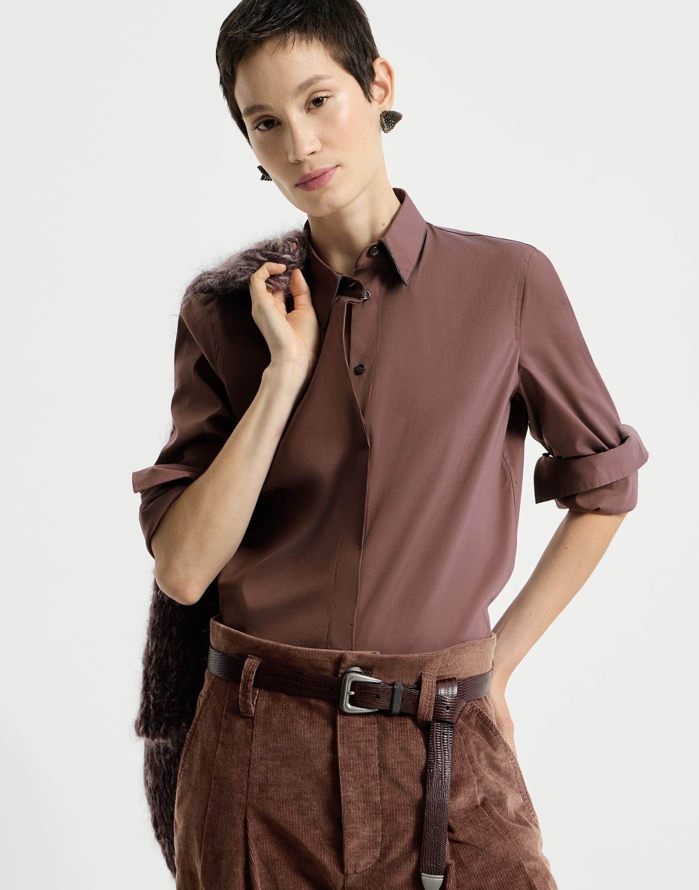 Stretch poplin shirt with monili Mauve Woman - Brunello Cucinelli