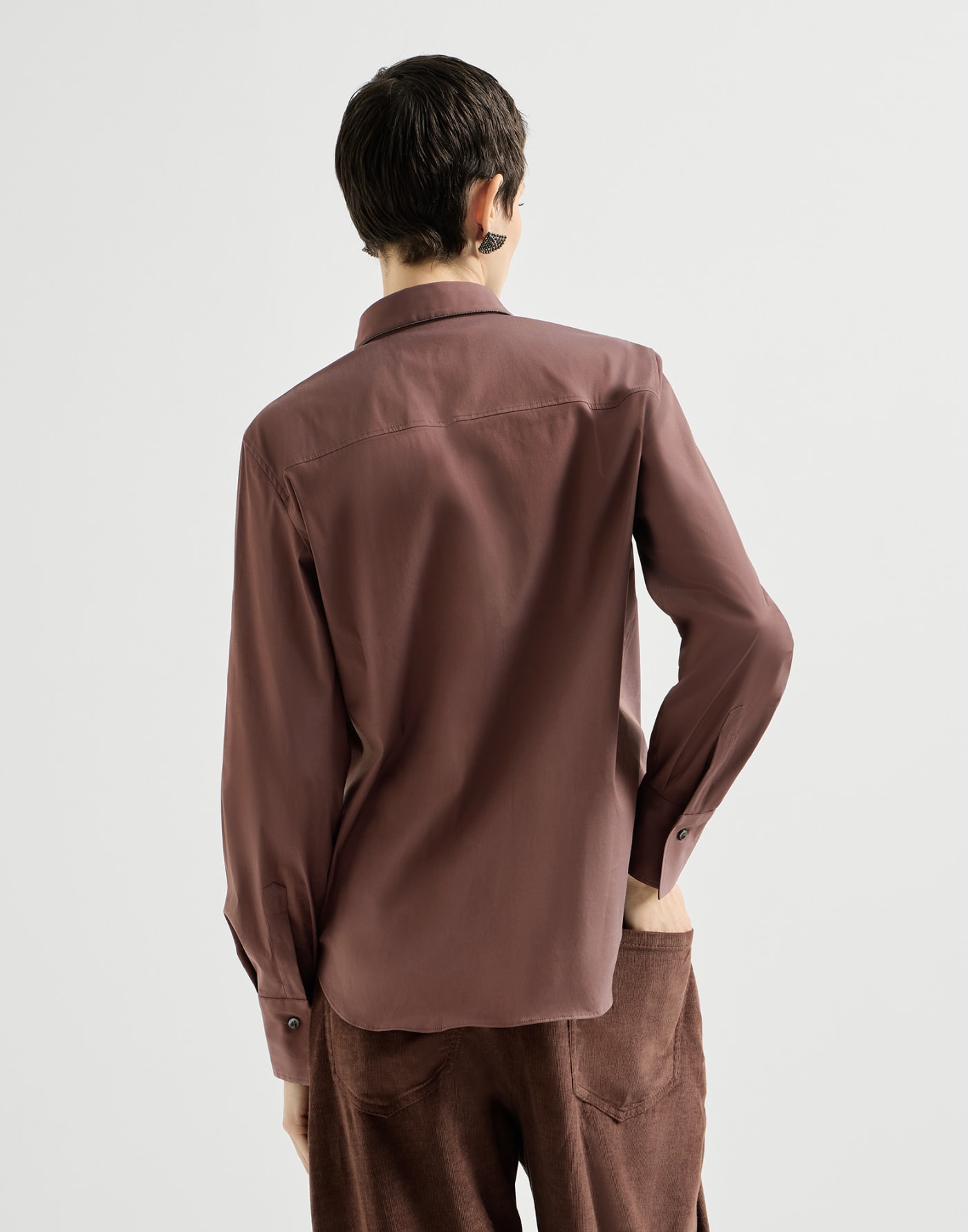 Stretch poplin shirt with monili Mauve Woman - Brunello Cucinelli