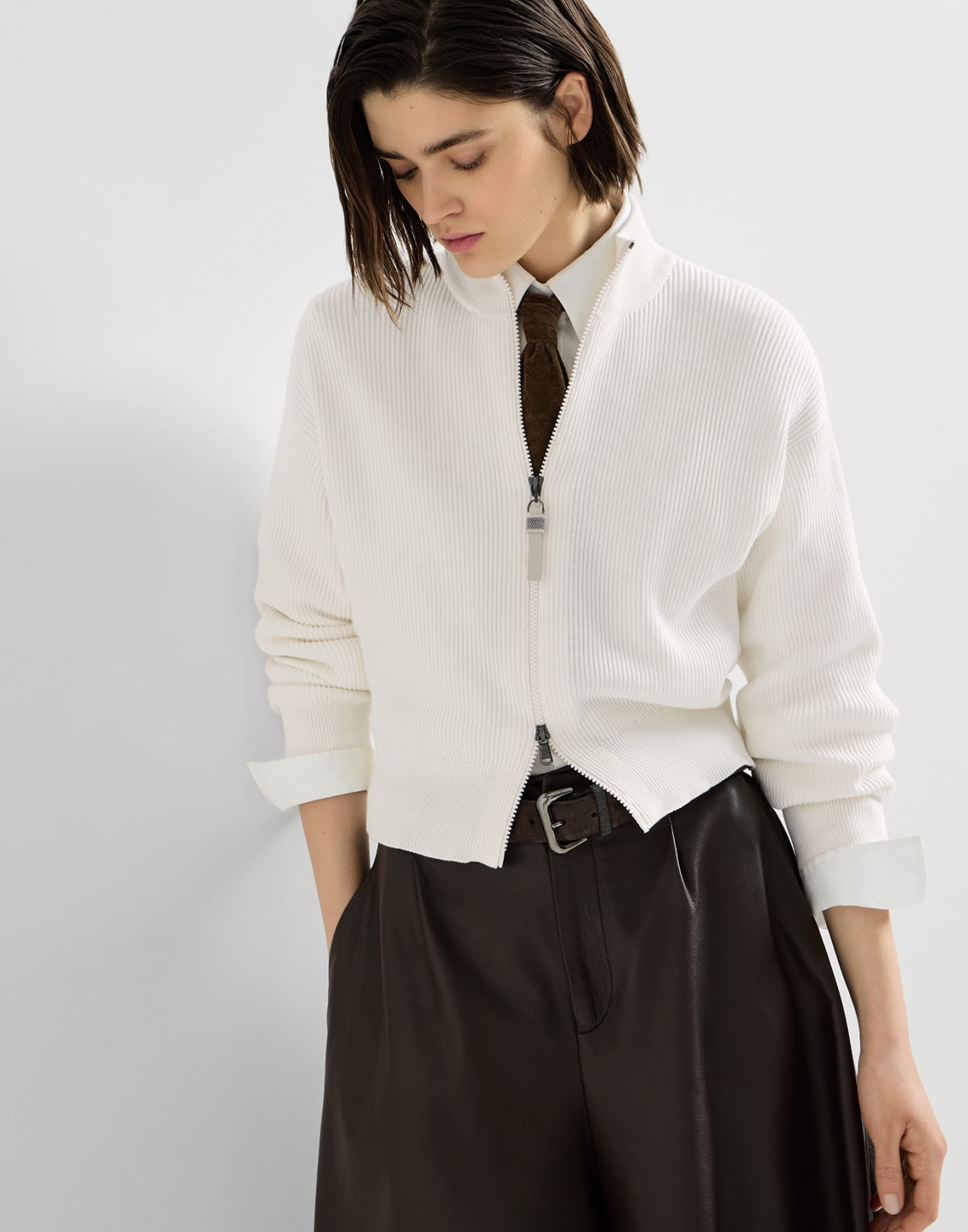 Cotton English rib knit cardigan Panama Woman - Brunello Cucinelli
