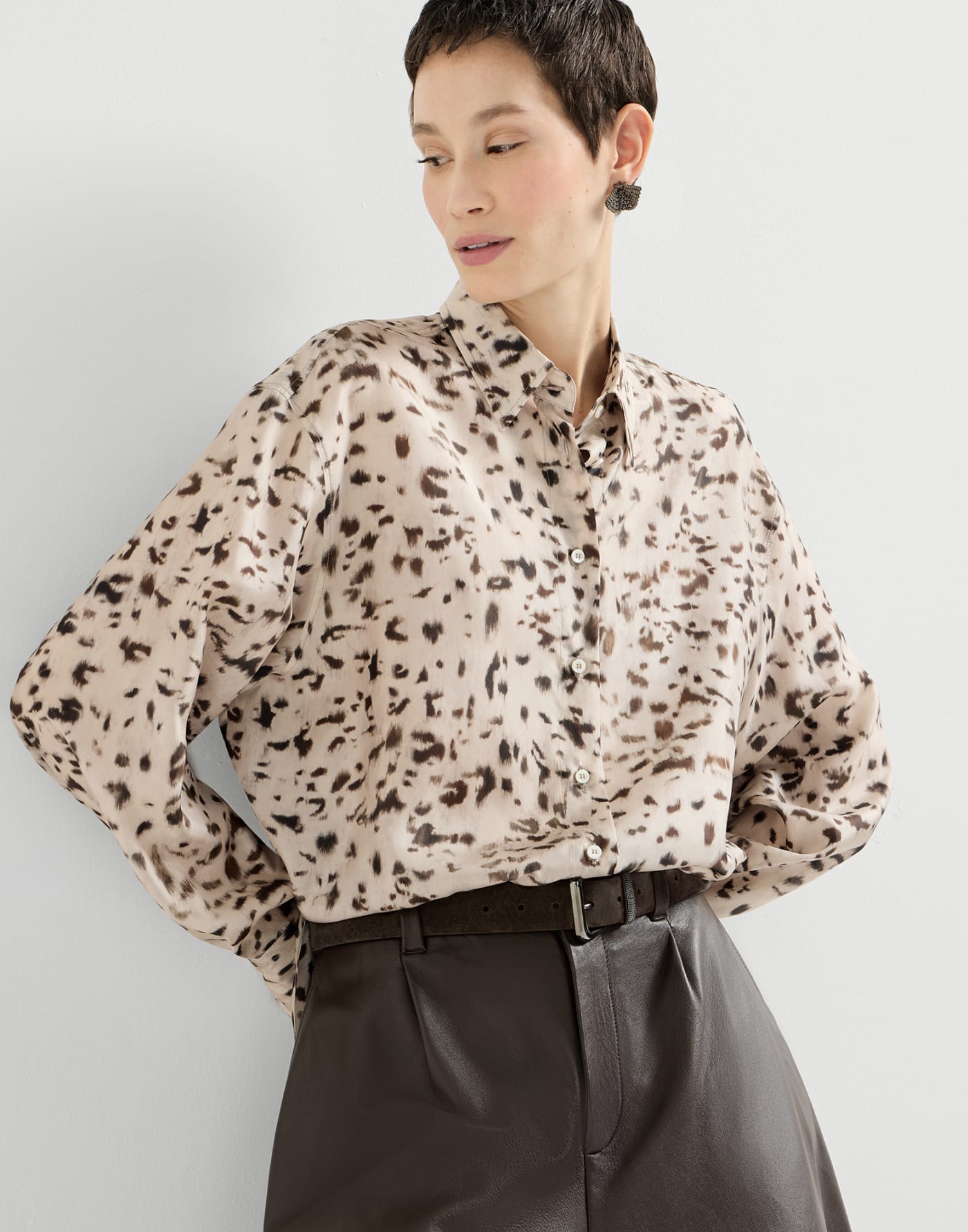 Camicia in pongée Lynx Print Beige Donna - Brunello Cucinelli