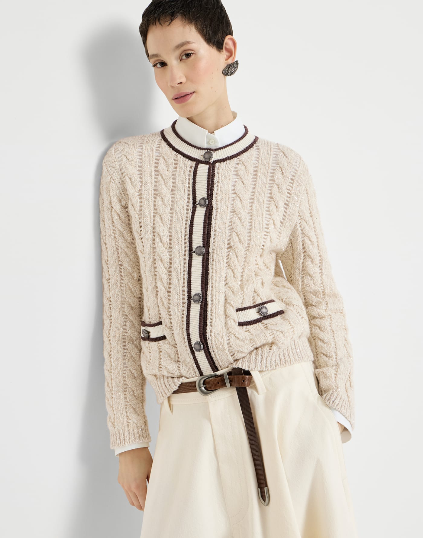 Cable knit cardigan Cream Woman - Brunello Cucinelli