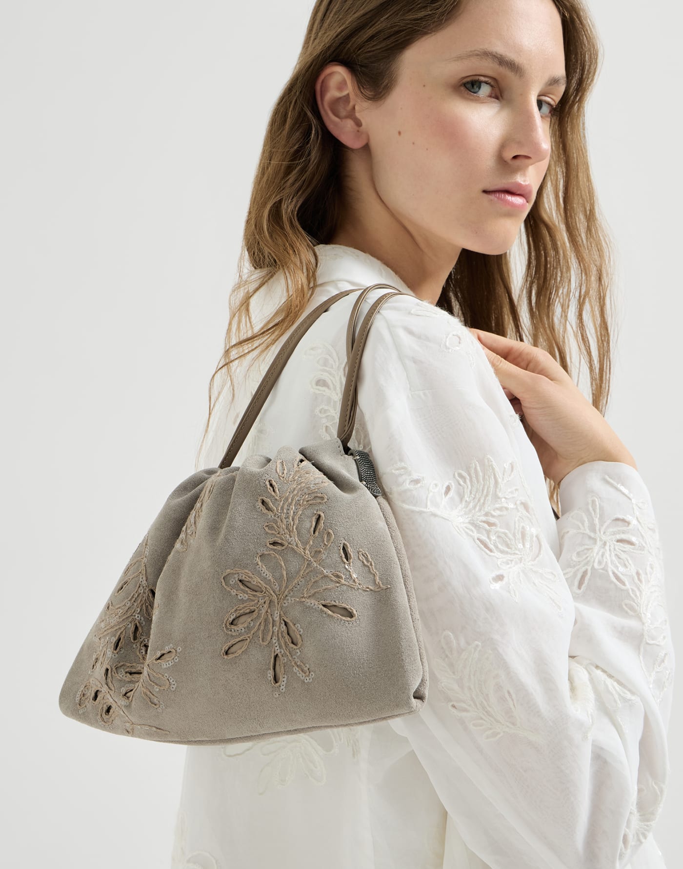 Pouch bag with broderie anglaise Light Grey Woman - Brunello Cucinelli