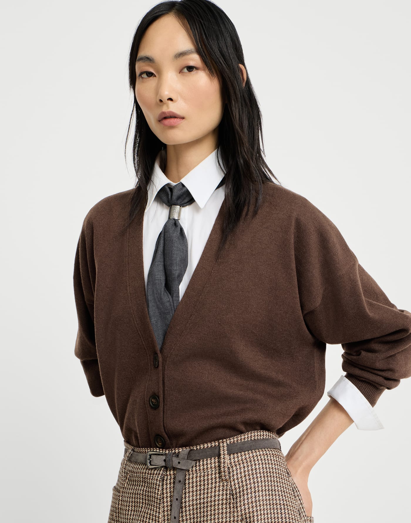 Cardigan in cashmere con monile Marrone Scuro Donna - Brunello Cucinelli