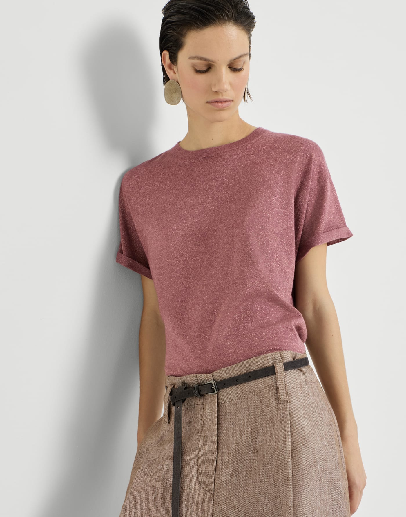 Cashmere and silk knit T-shirt Purple Woman - Brunello Cucinelli