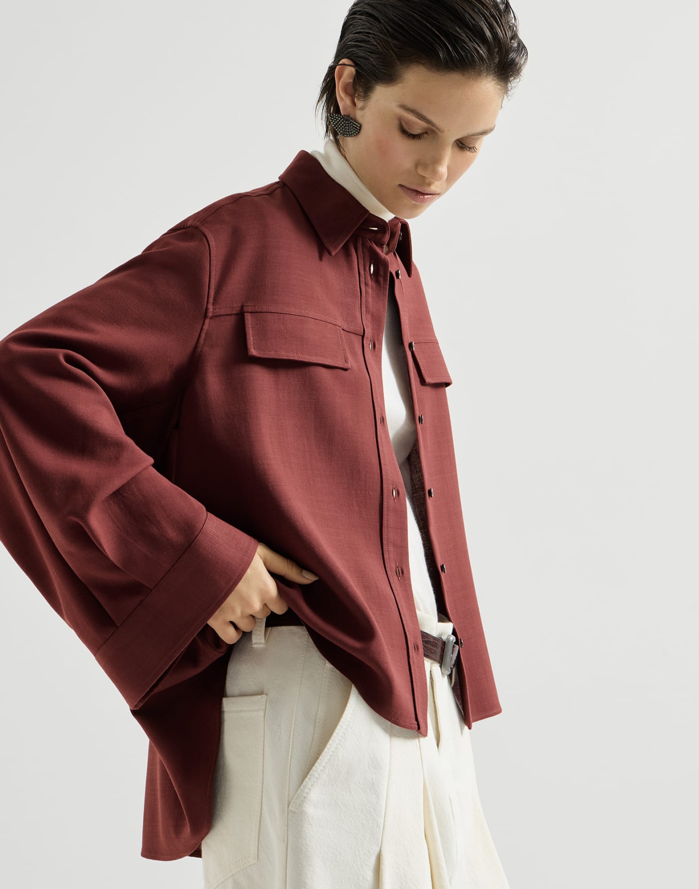 Fluid twill cropped shirt Wine Woman - Brunello Cucinelli