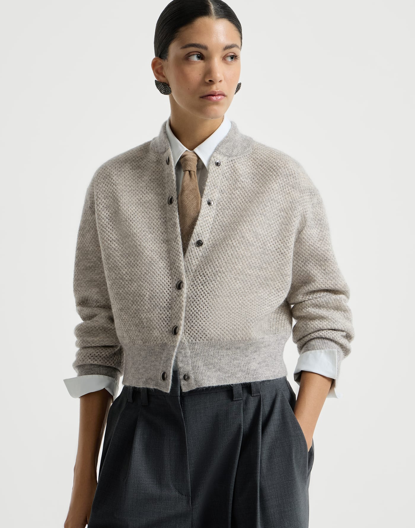 Cardigan Net in maglia double Sparkling Grigio Chiaro Donna - Brunello Cucinelli