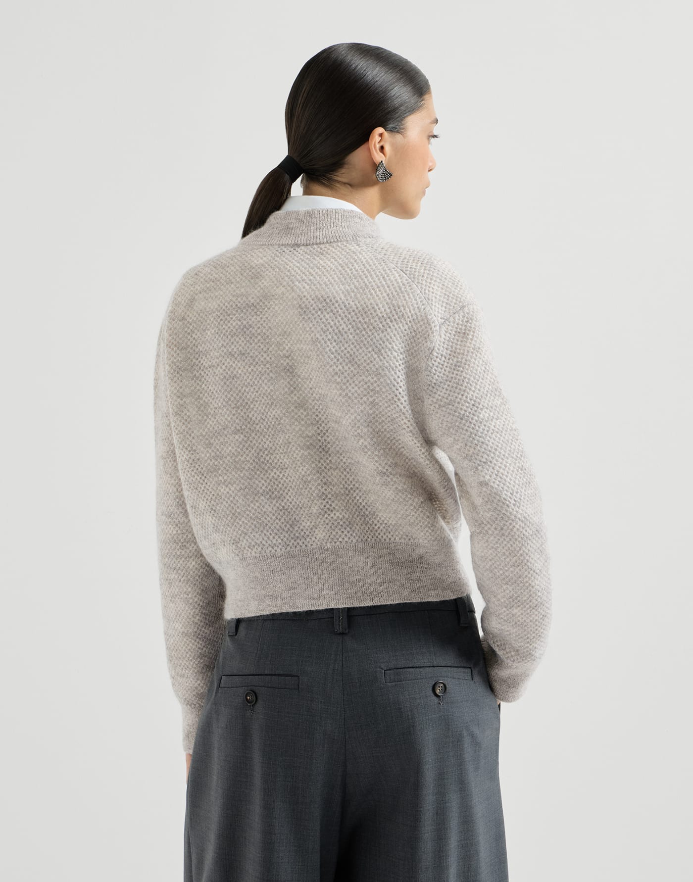 Cardigan Net in maglia double Sparkling Grigio Chiaro Donna - Brunello Cucinelli