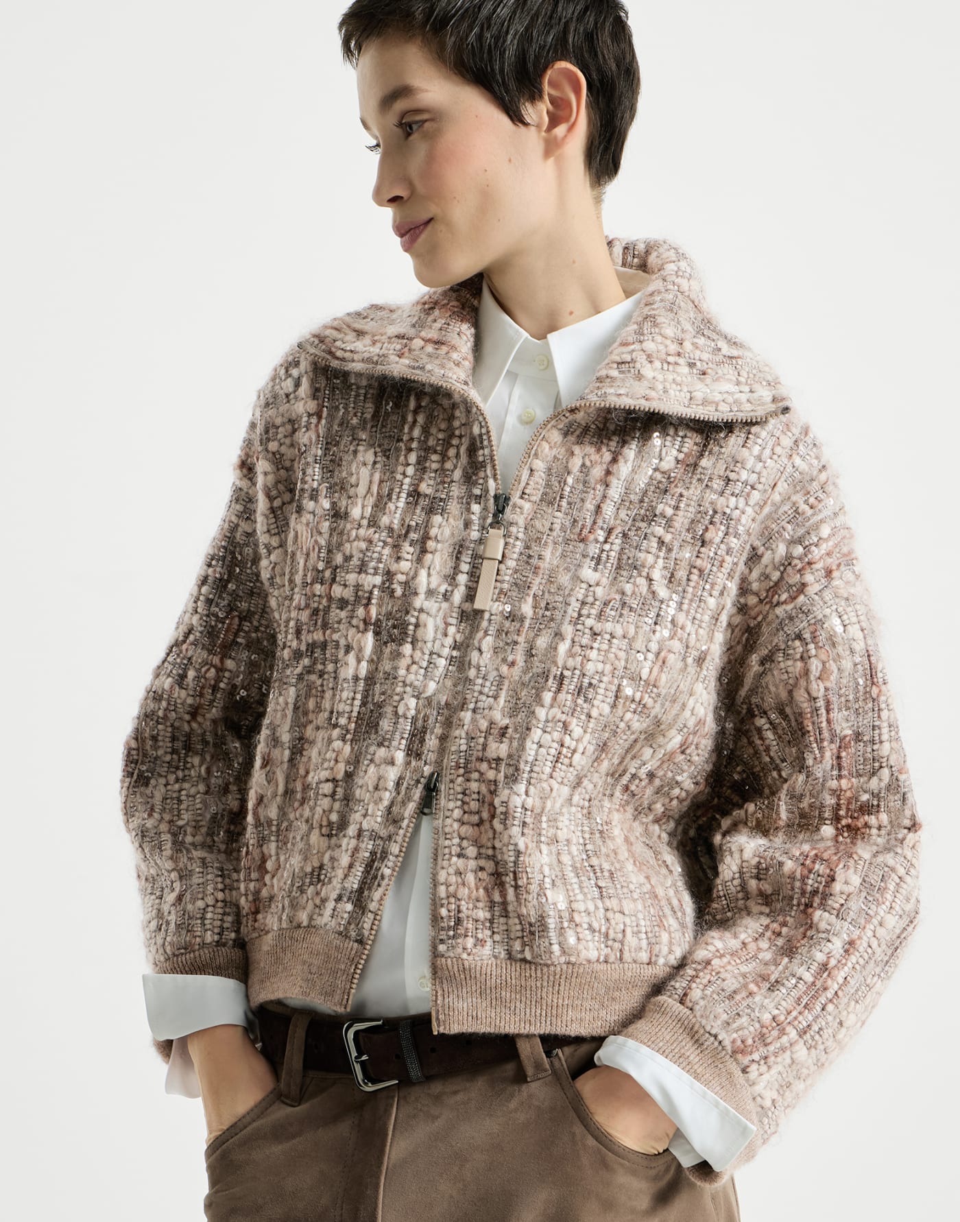 Dazzling tree bark embroidery cardigan Beige Woman - Brunello Cucinelli