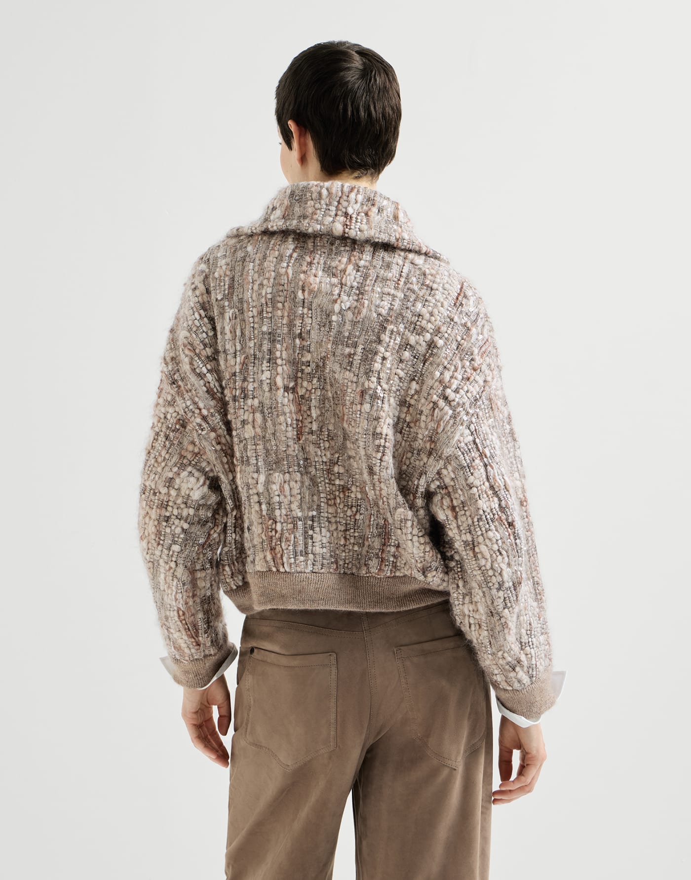 Dazzling tree bark embroidery cardigan Beige Woman - Brunello Cucinelli