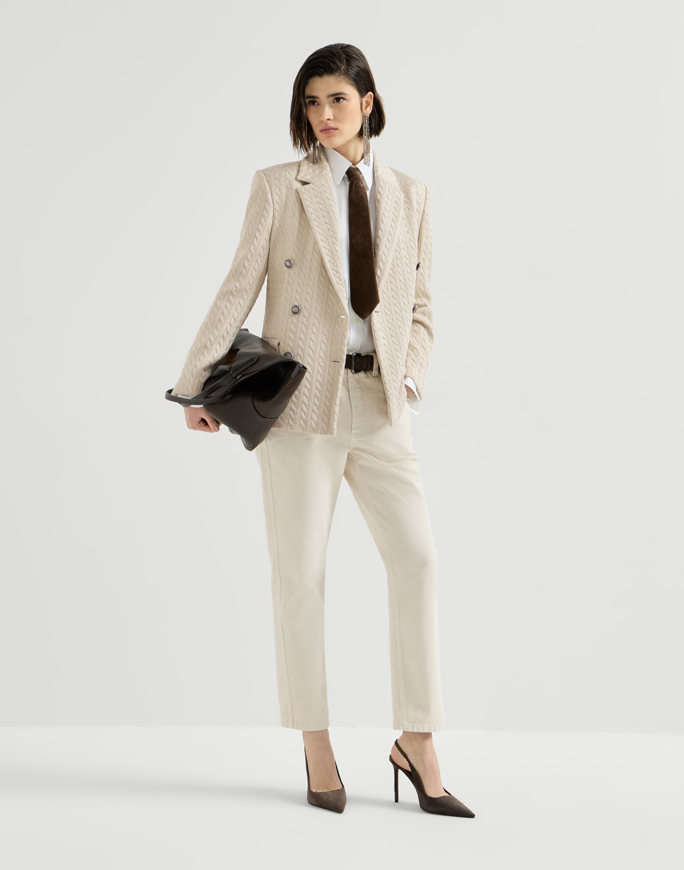 Sparkling knit blazer with monili Cream Woman - Brunello Cucinelli