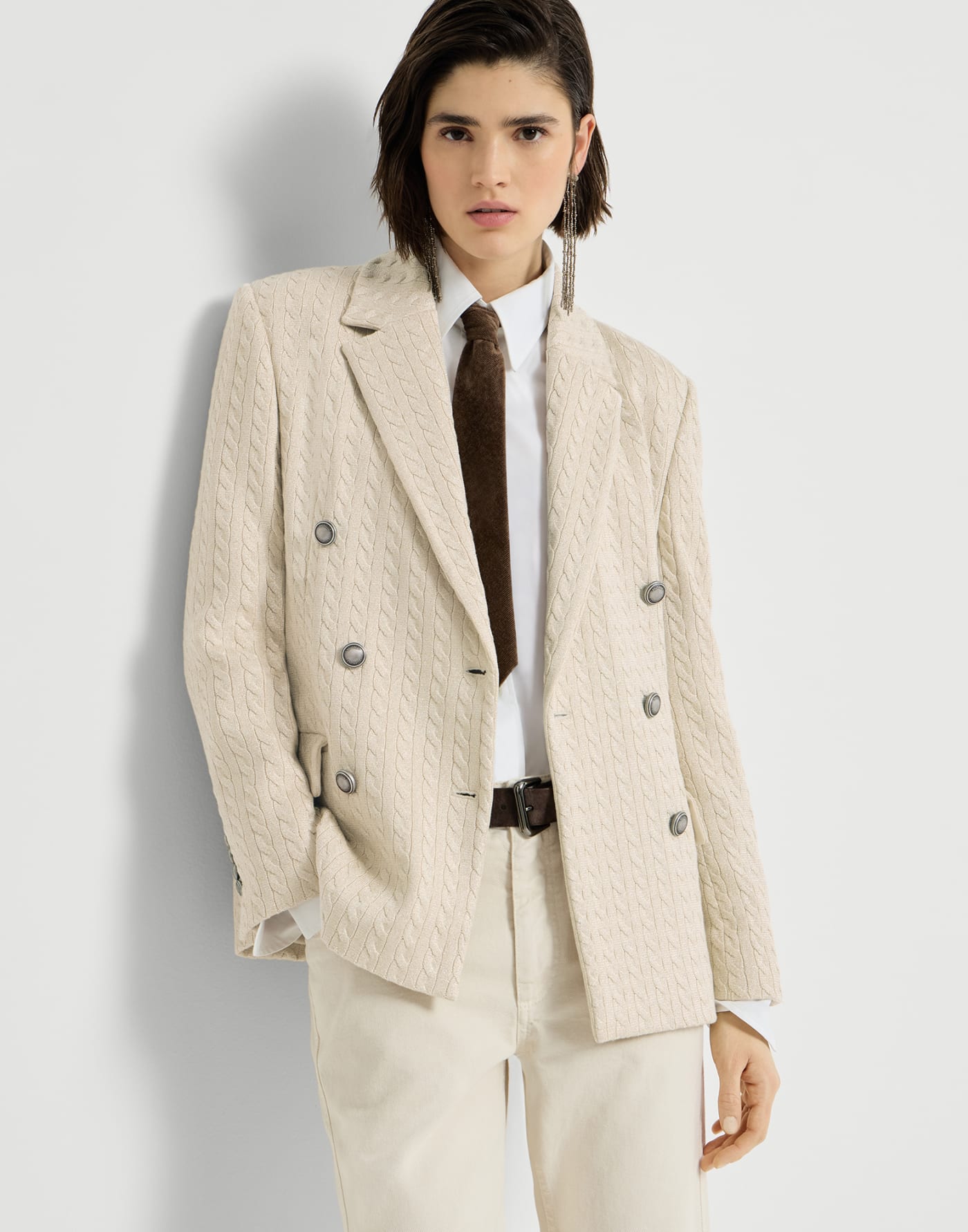 Sparkling knit blazer with monili Cream Woman - Brunello Cucinelli