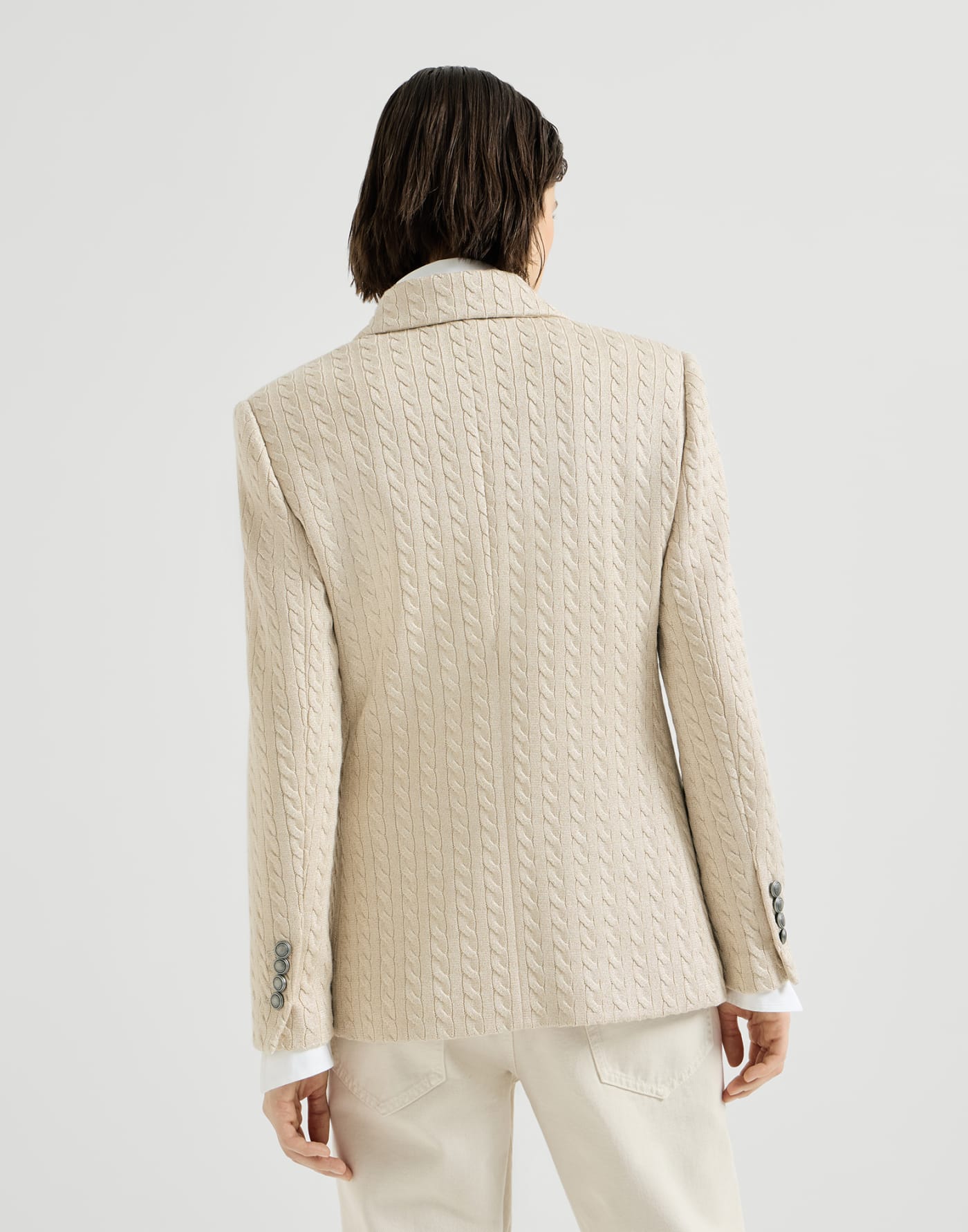 Sparkling knit blazer with monili Cream Woman - Brunello Cucinelli