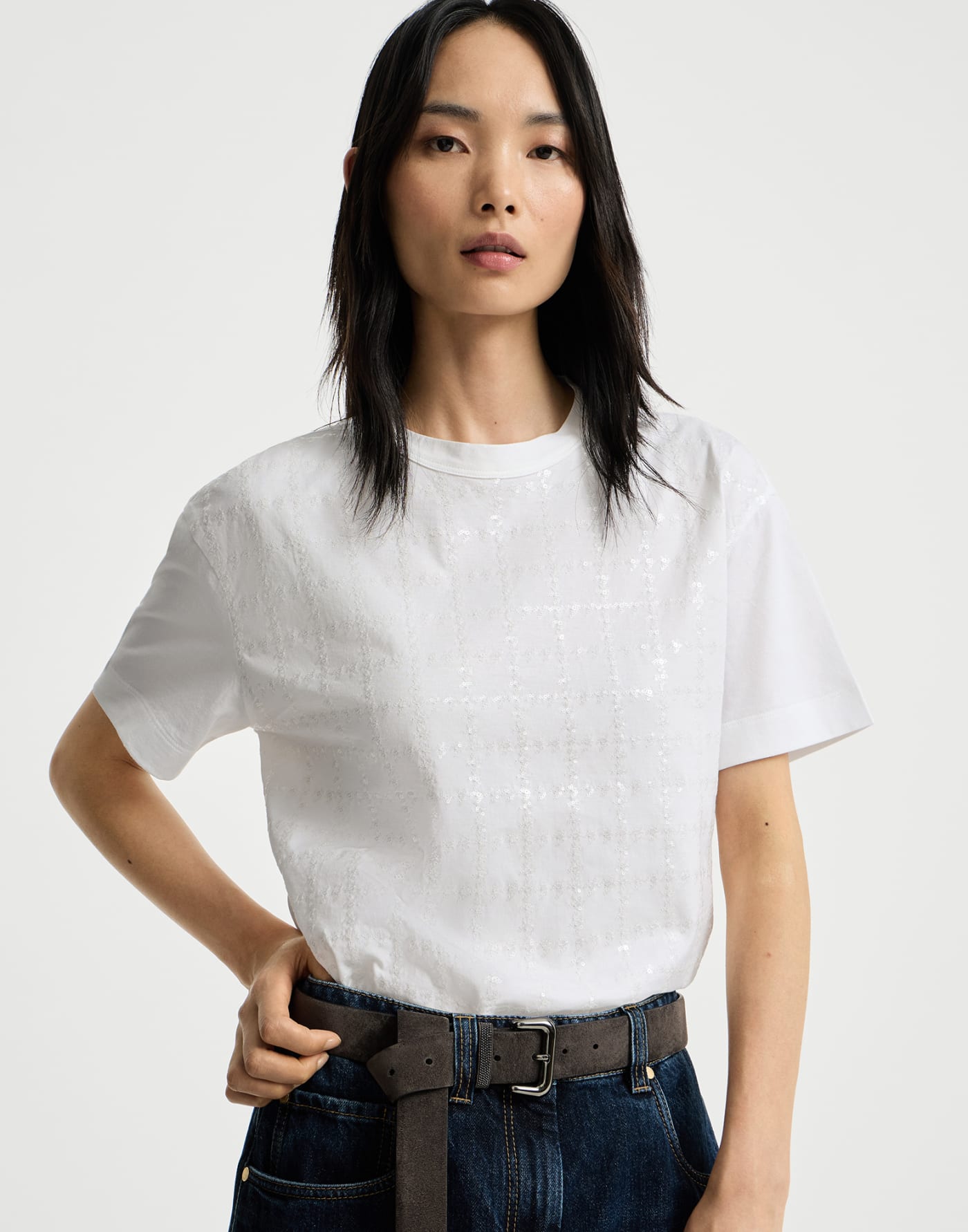 Dazzling windowpane embroidery T-shirt White Woman - Brunello Cucinelli
