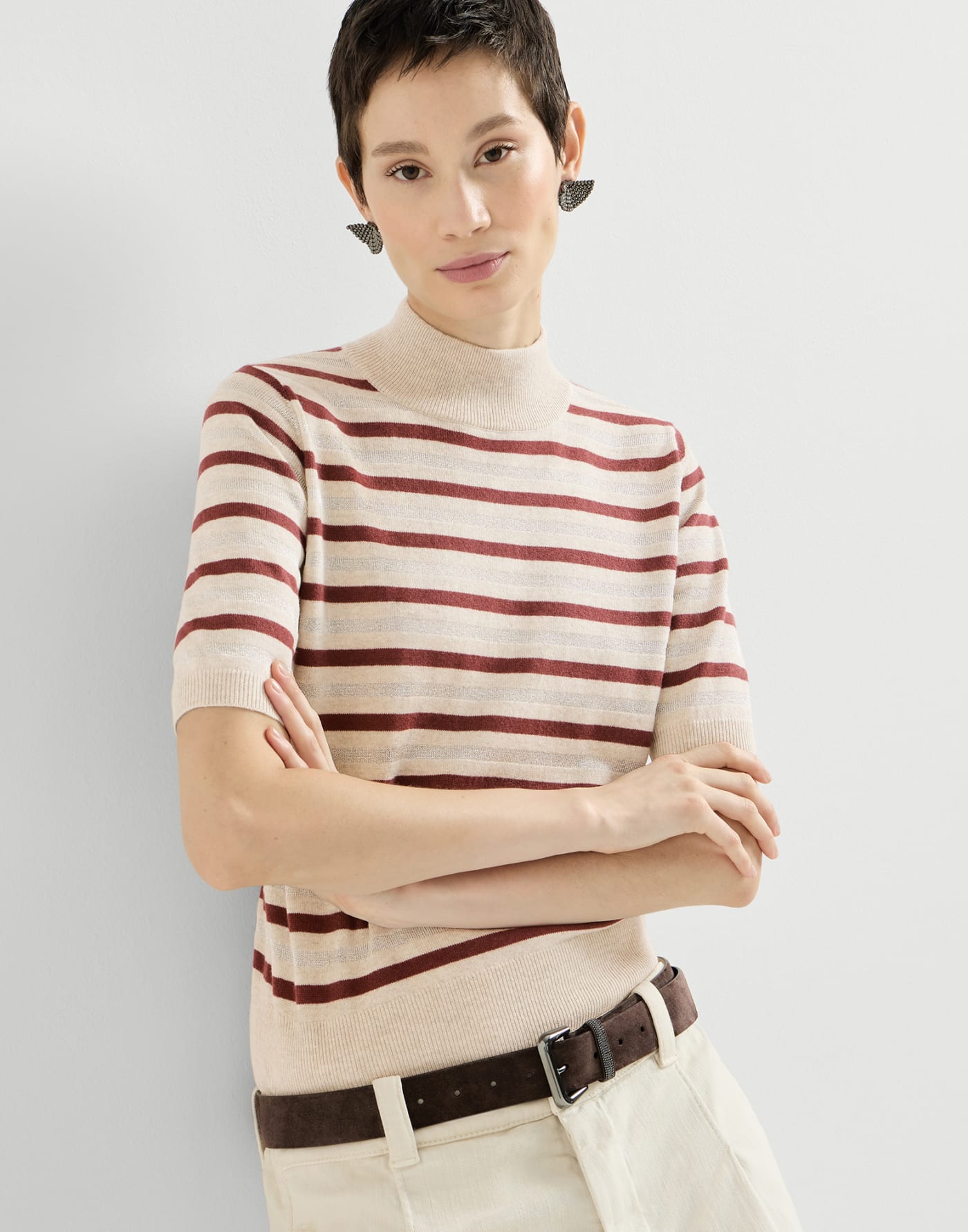 Sparkling stripe t-shirt Beige Woman - Brunello Cucinelli