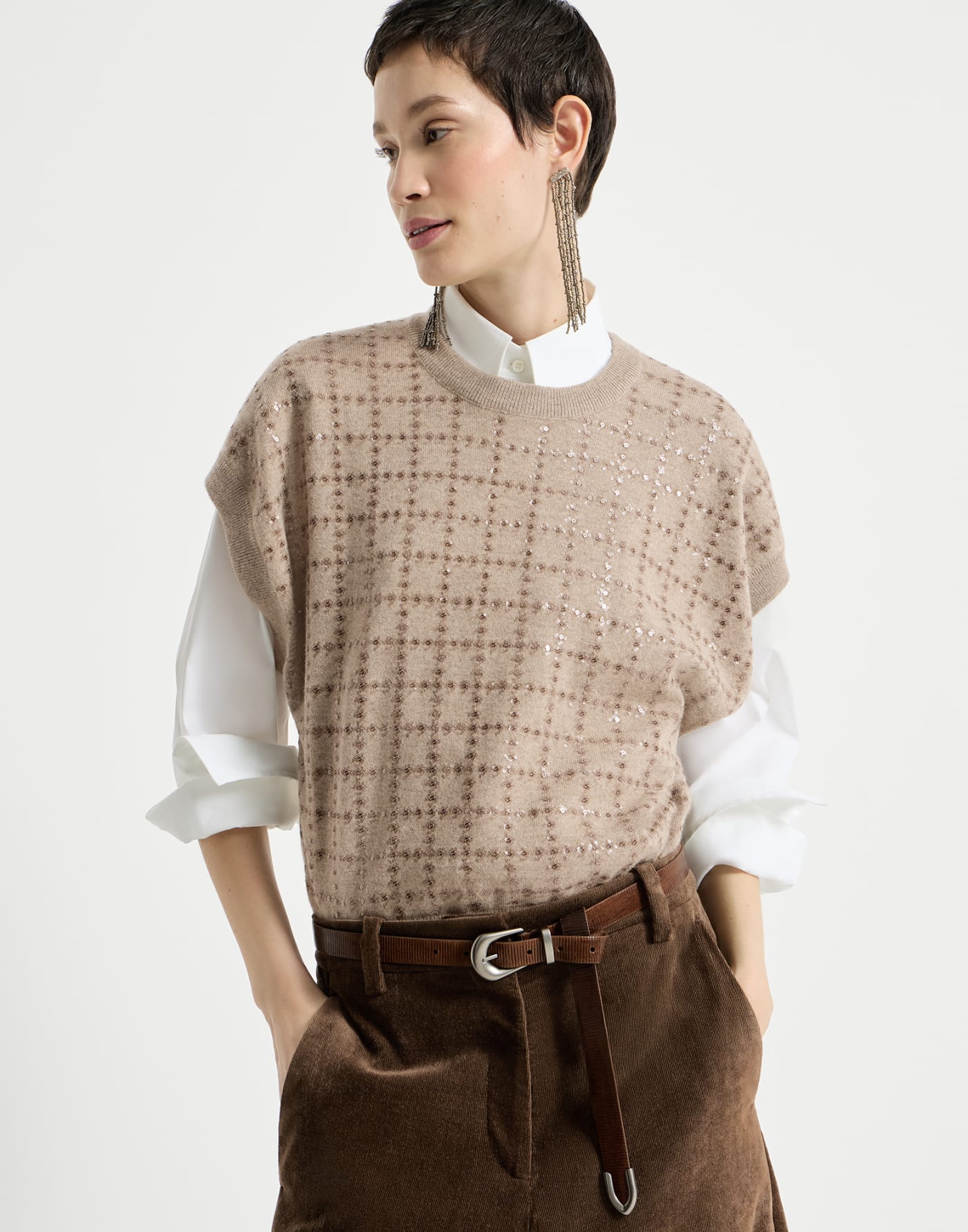 Knit with dazzling windowpane embroidery Beige Woman - Brunello Cucinelli
