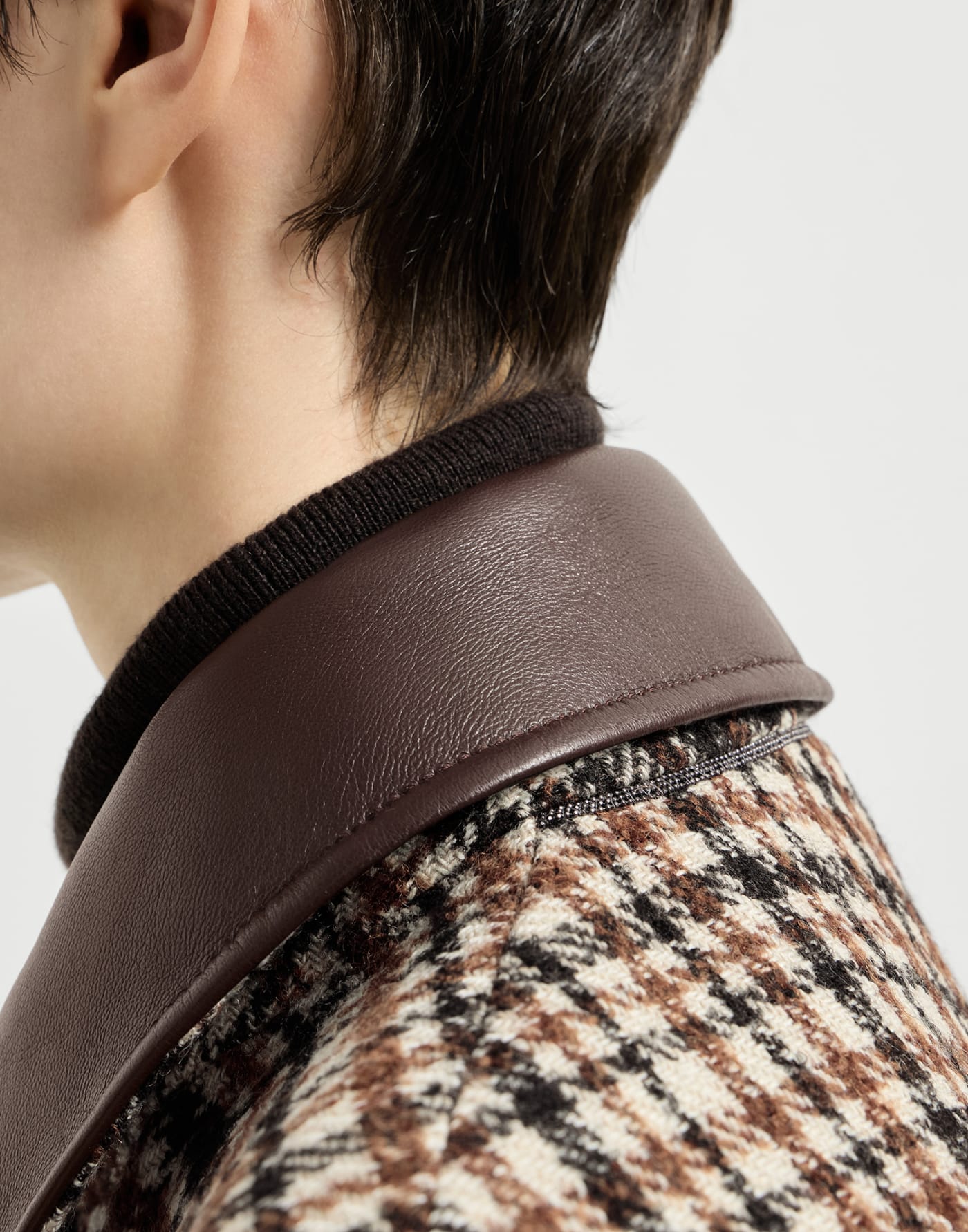 Checked jacket with leather collar Brown Woman - Brunello Cucinelli
