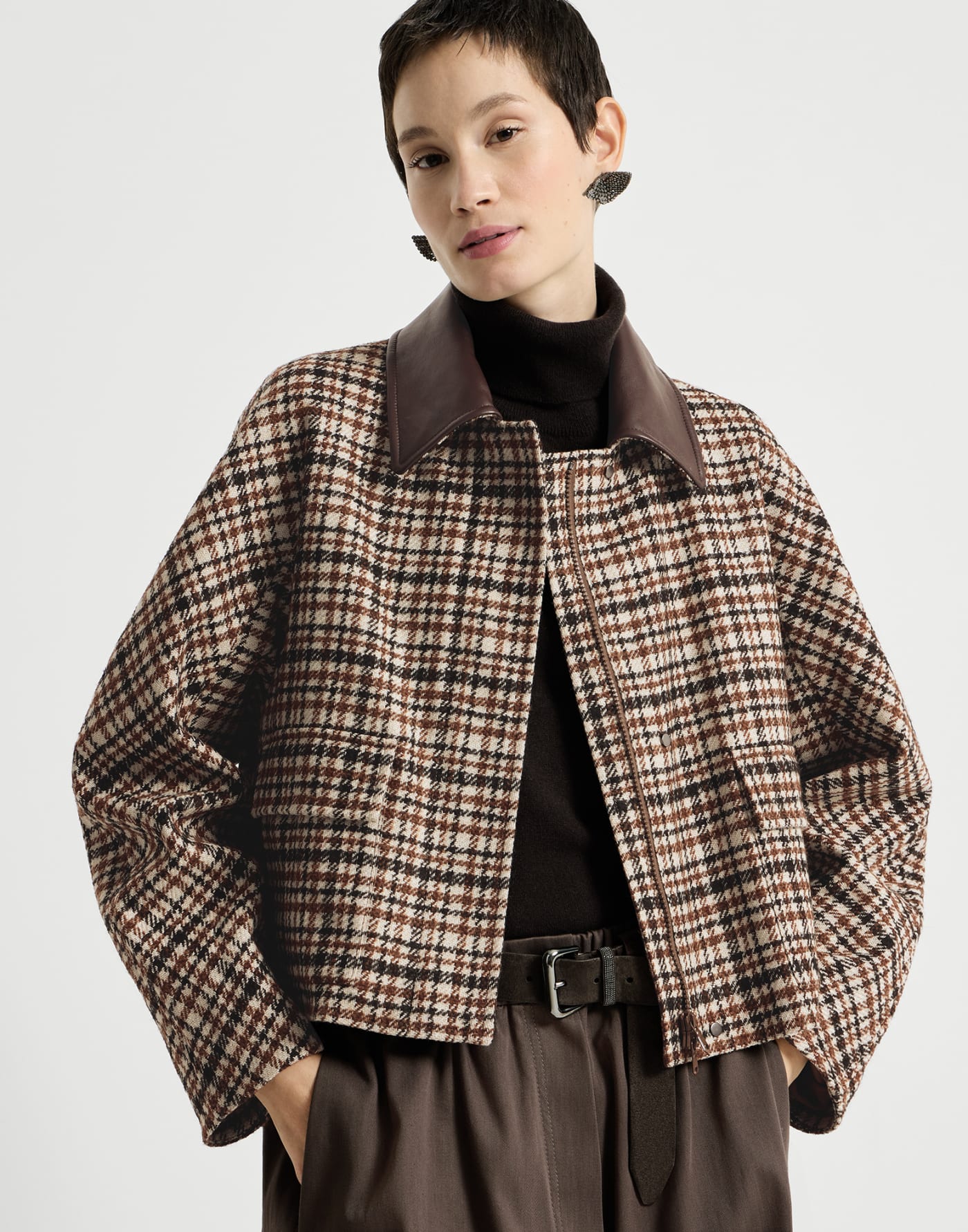 Checked jacket with leather collar Brown Woman - Brunello Cucinelli