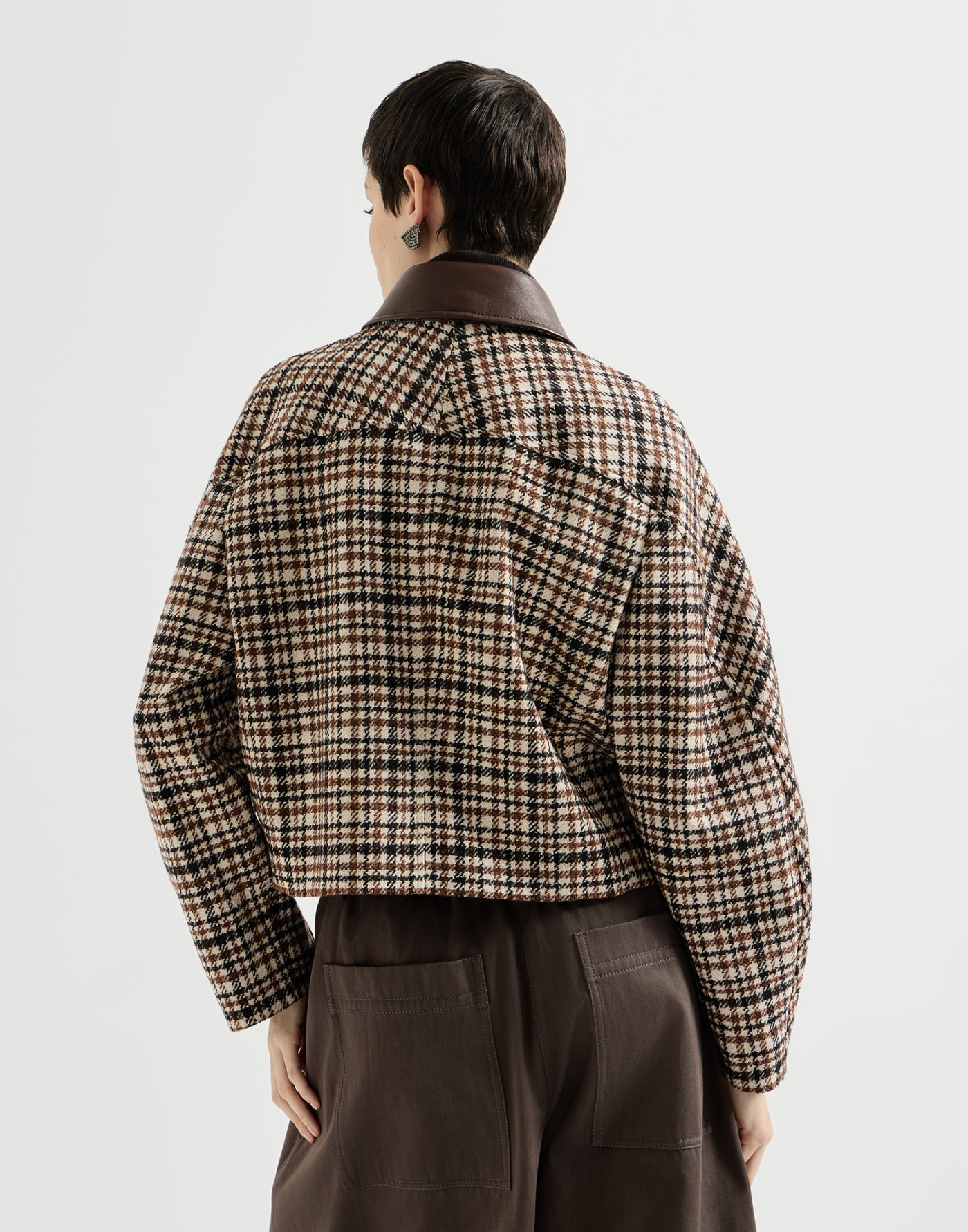 Checked jacket with leather collar Brown Woman - Brunello Cucinelli