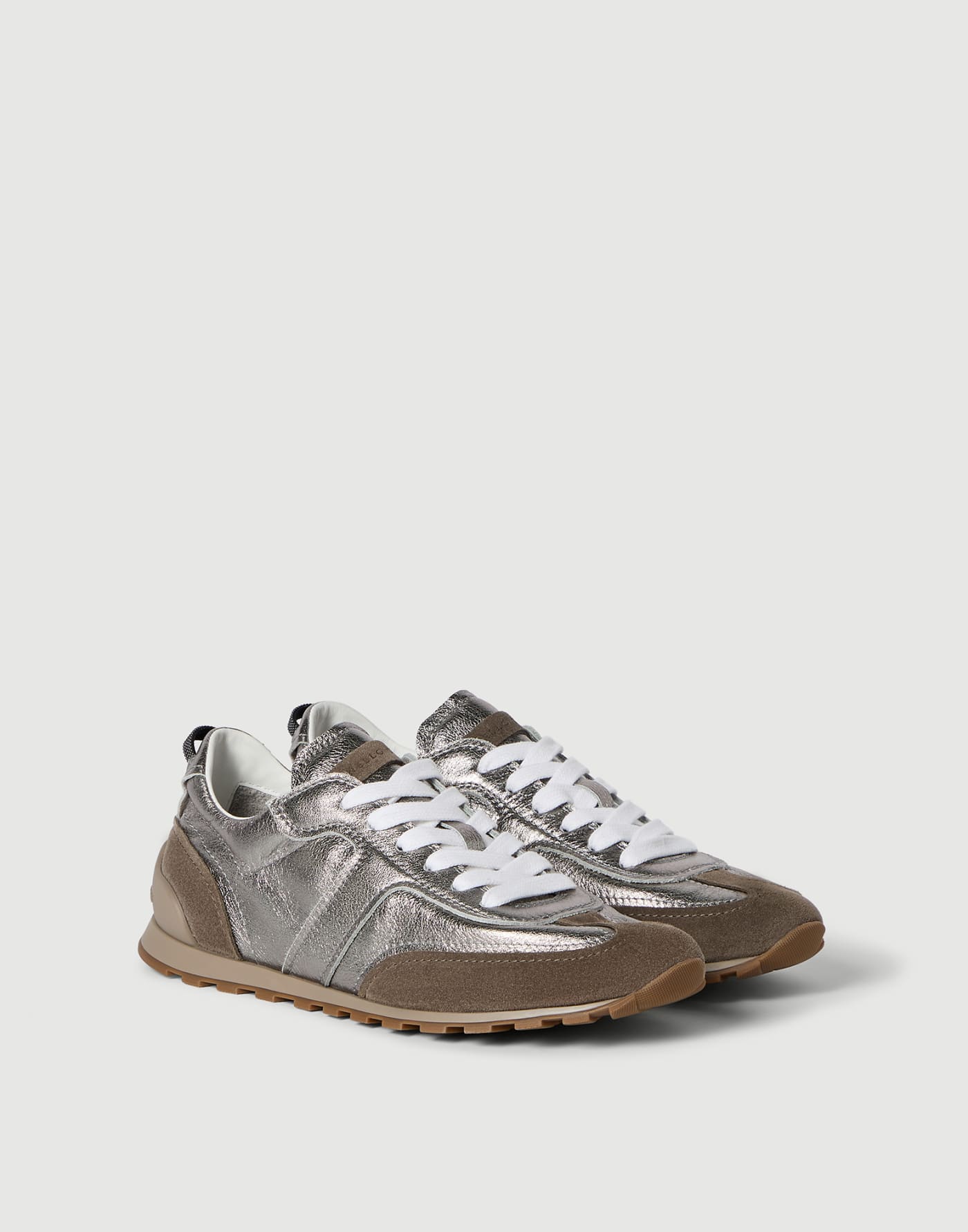 Zapatillas en piel de becerro lamé y ante Plata Mujer - Brunello Cucinelli