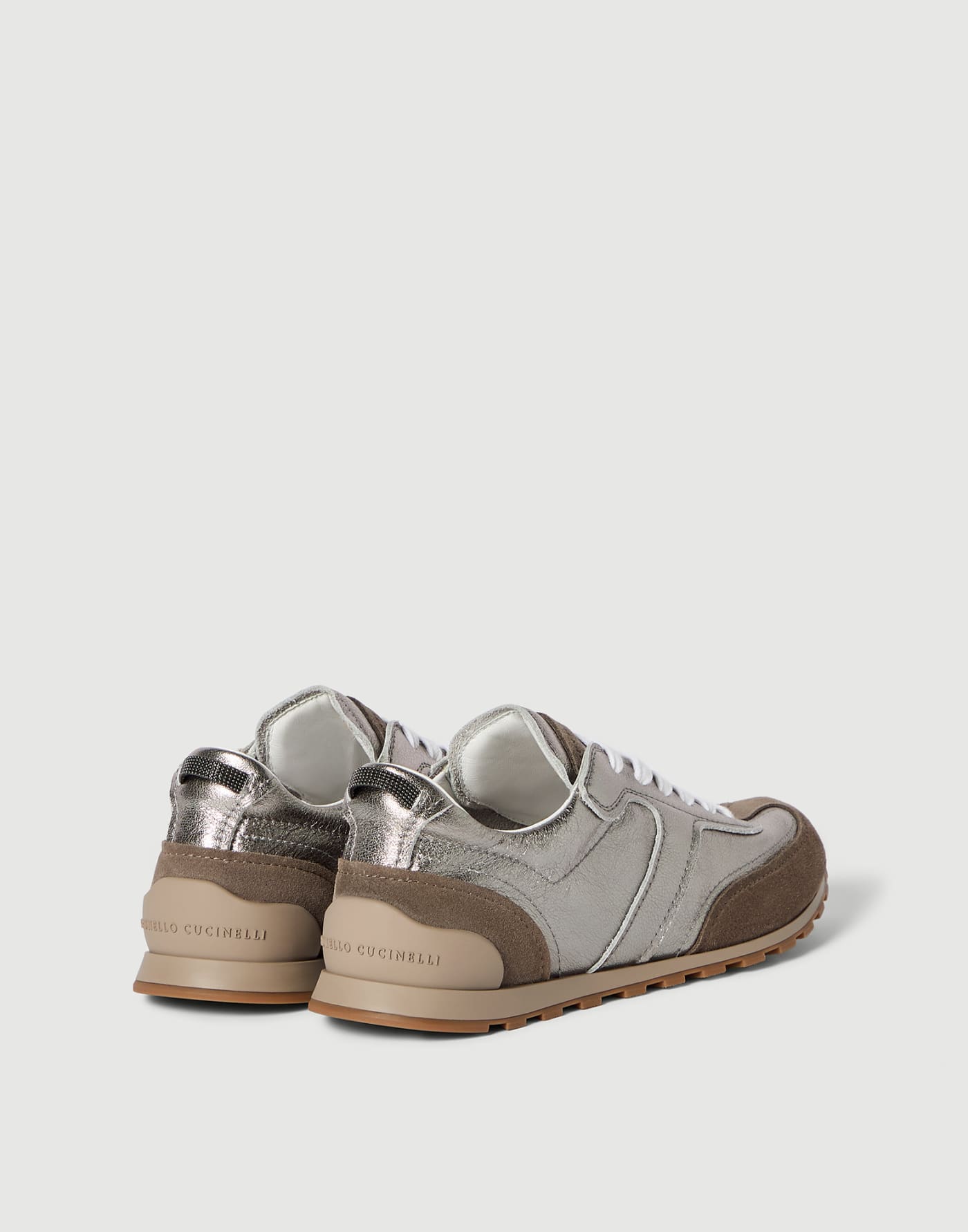 Zapatillas en piel de becerro lamé y ante Plata Mujer - Brunello Cucinelli