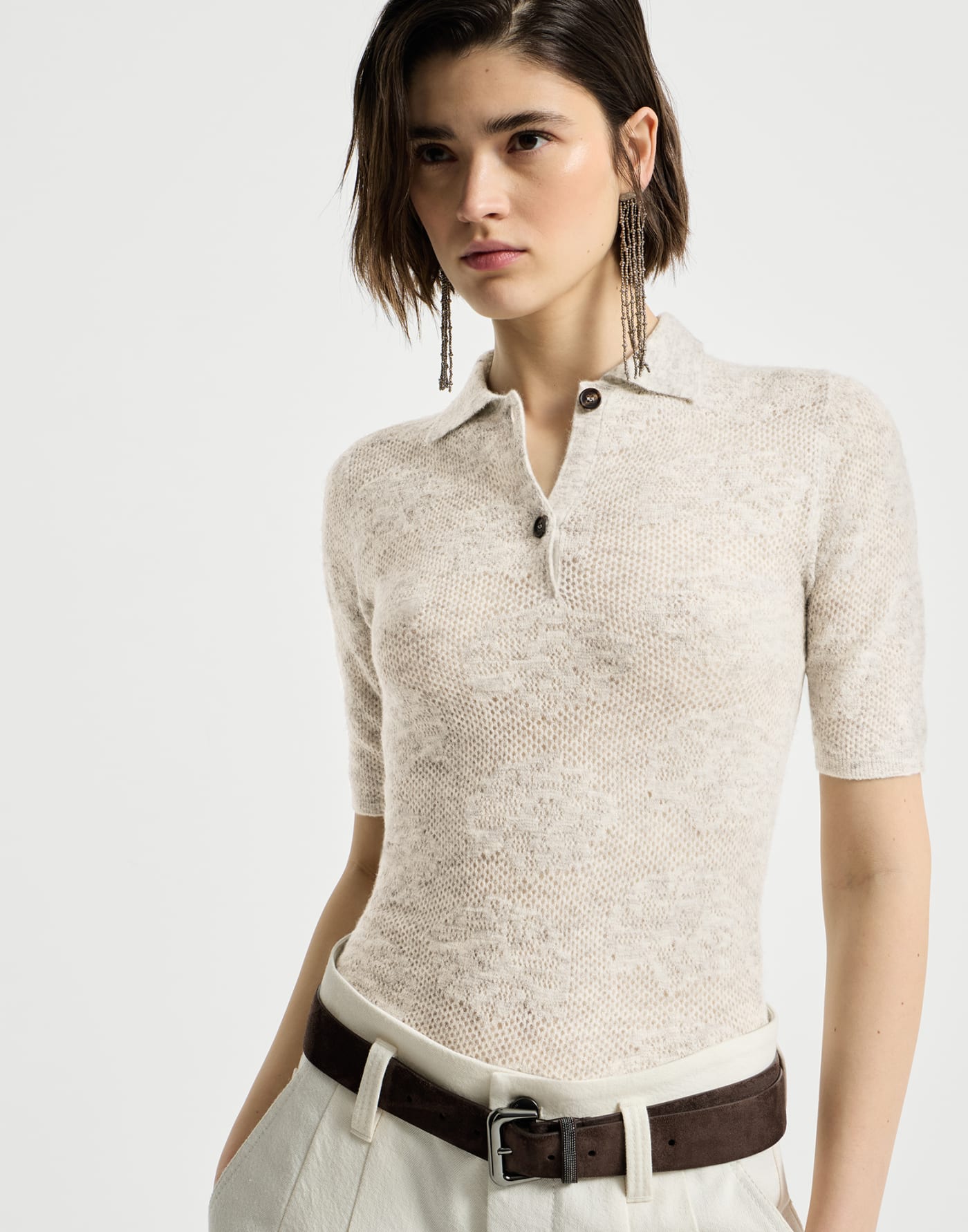 Flower lace knit polo Fog Woman - Brunello Cucinelli