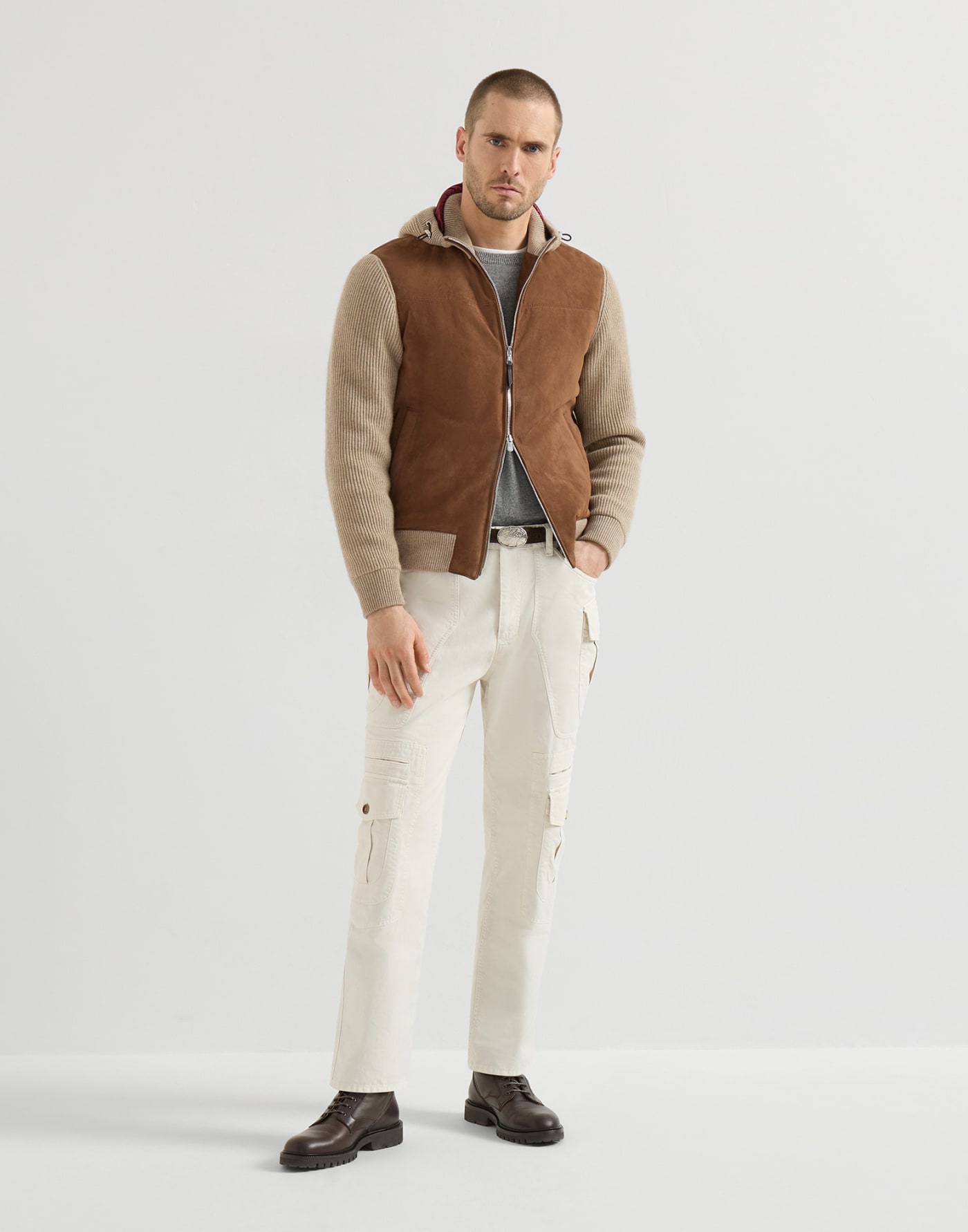 Suede bomber jacket with quilting Brown Man - Brunello Cucinelli