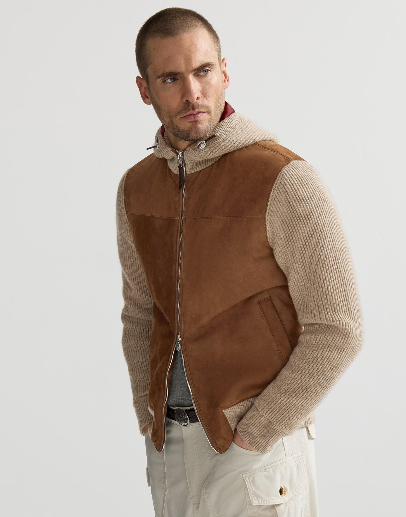 Suede bomber jacket with quilting Brown Man - Brunello Cucinelli
