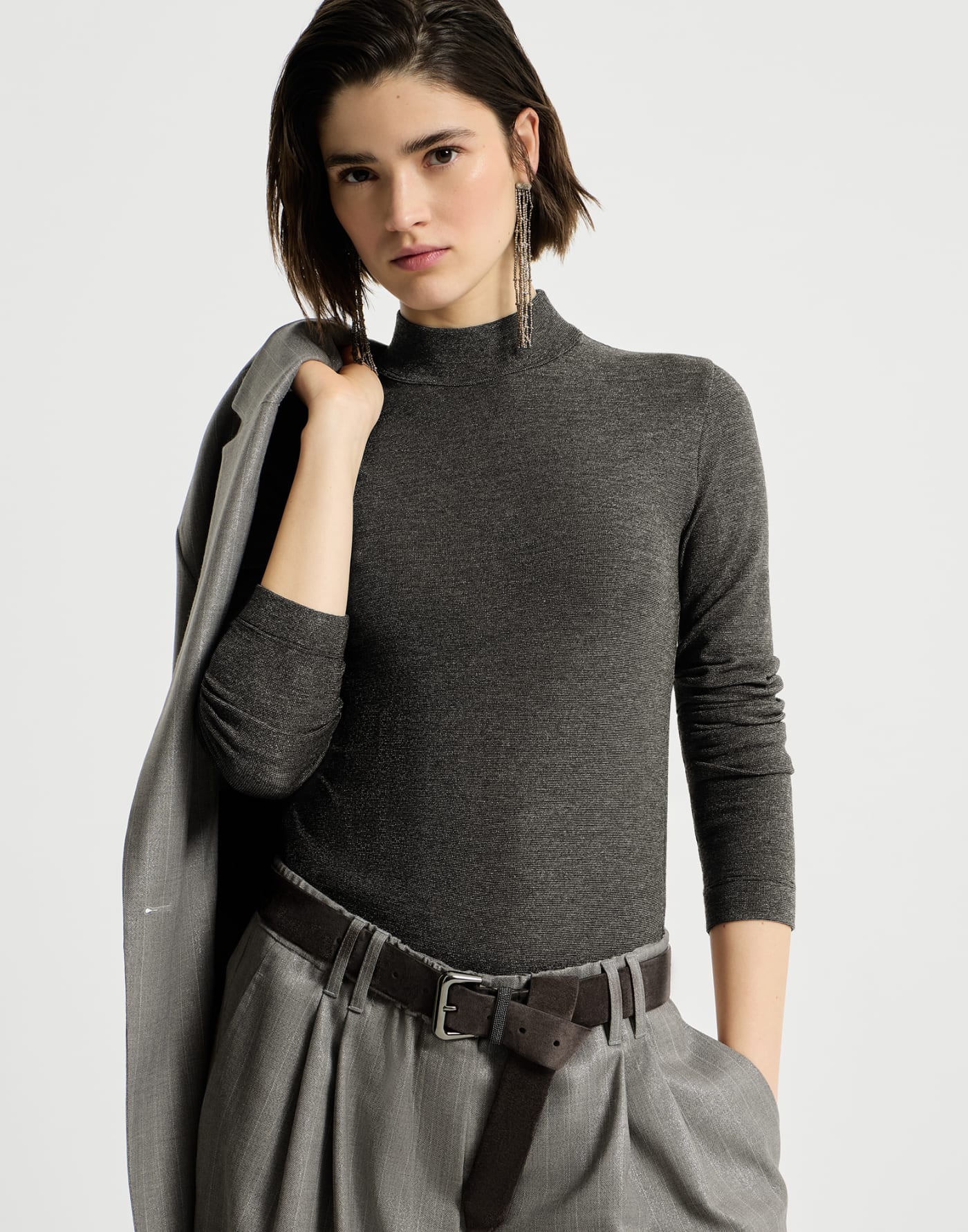Sparkling virgin wool T-shirt Anthracite Woman - Brunello Cucinelli