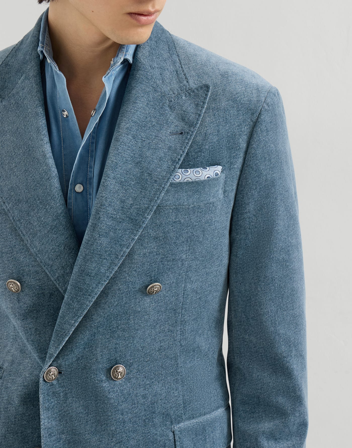 Denim-effect velvet Tailor blazer Cerulean Man - Brunello Cucinelli