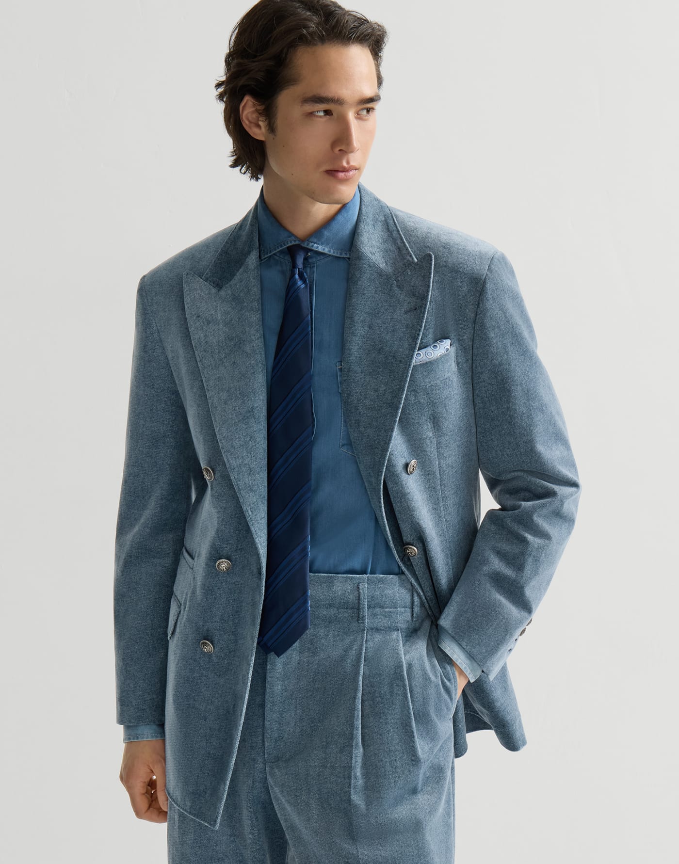 Denim-effect velvet Tailor blazer Cerulean Man - Brunello Cucinelli