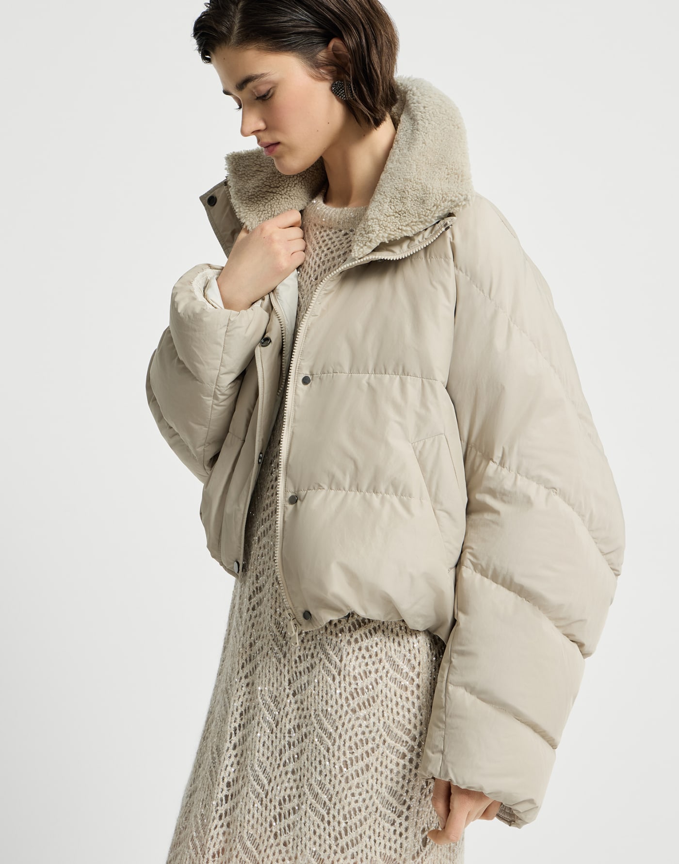 Techno cotton taffeta down jacket Sand Woman - Brunello Cucinelli