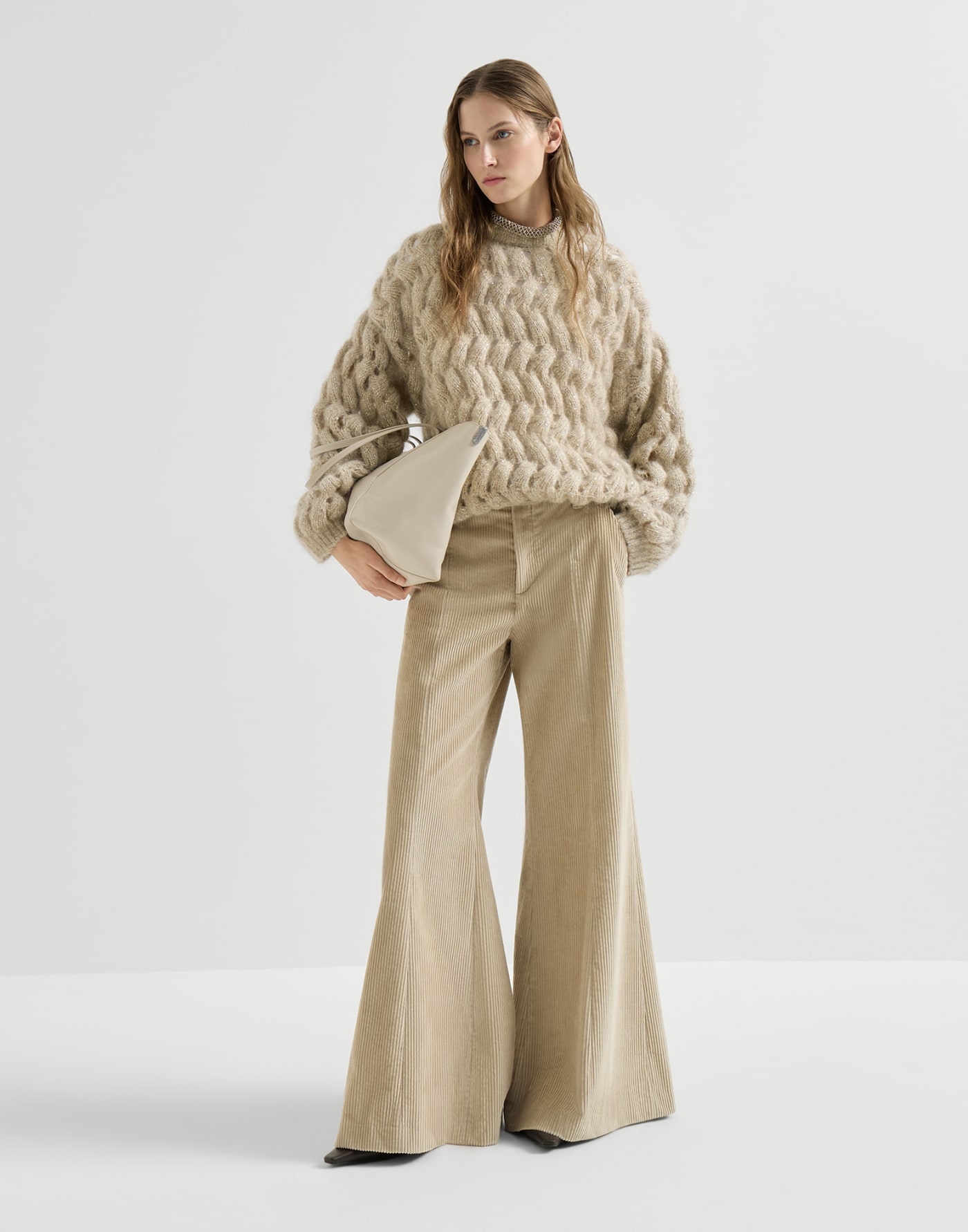 Dazzling Zigzag Cables sweater Sand Woman - Brunello Cucinelli