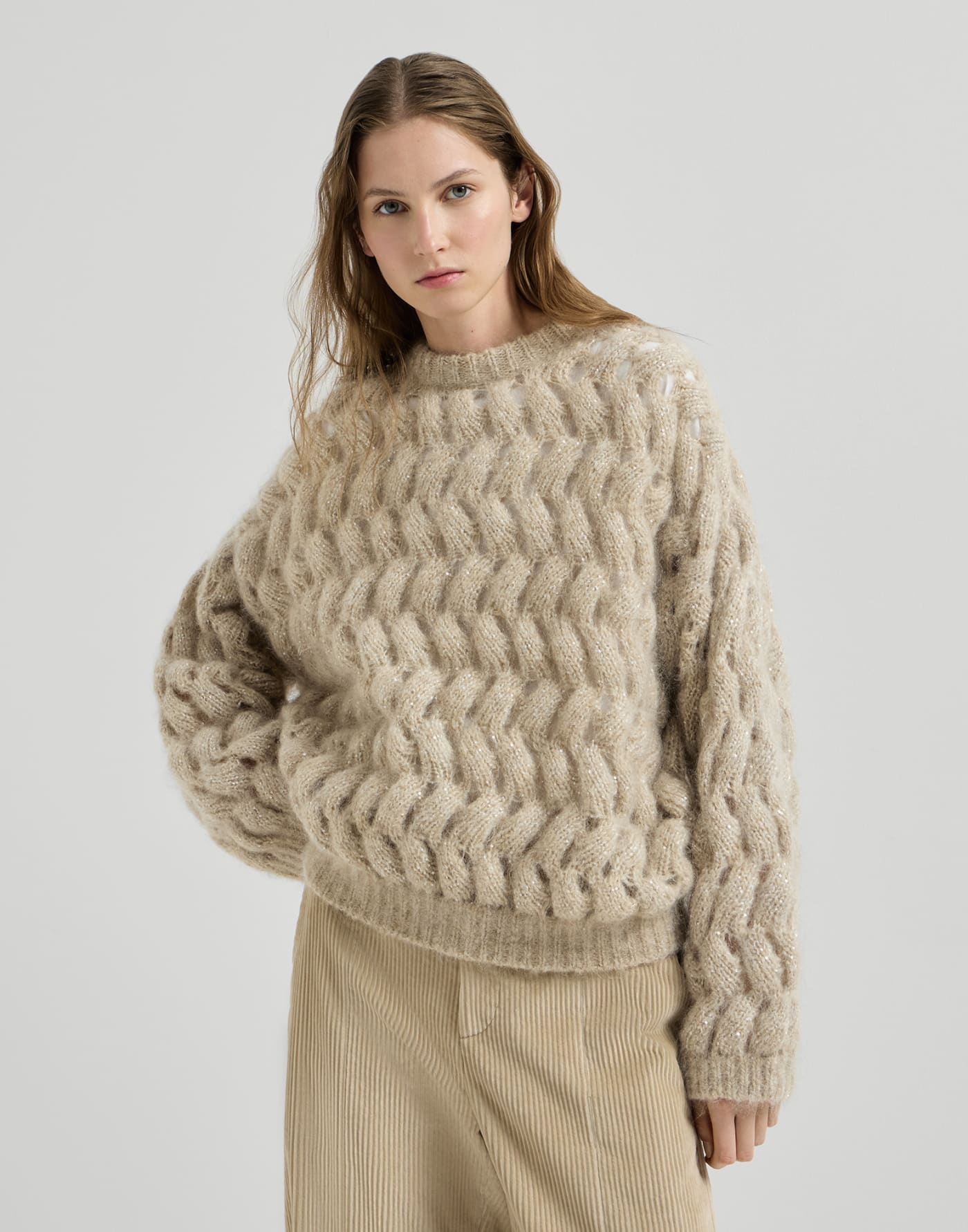 Dazzling Zigzag Cables sweater Sand Woman - Brunello Cucinelli
