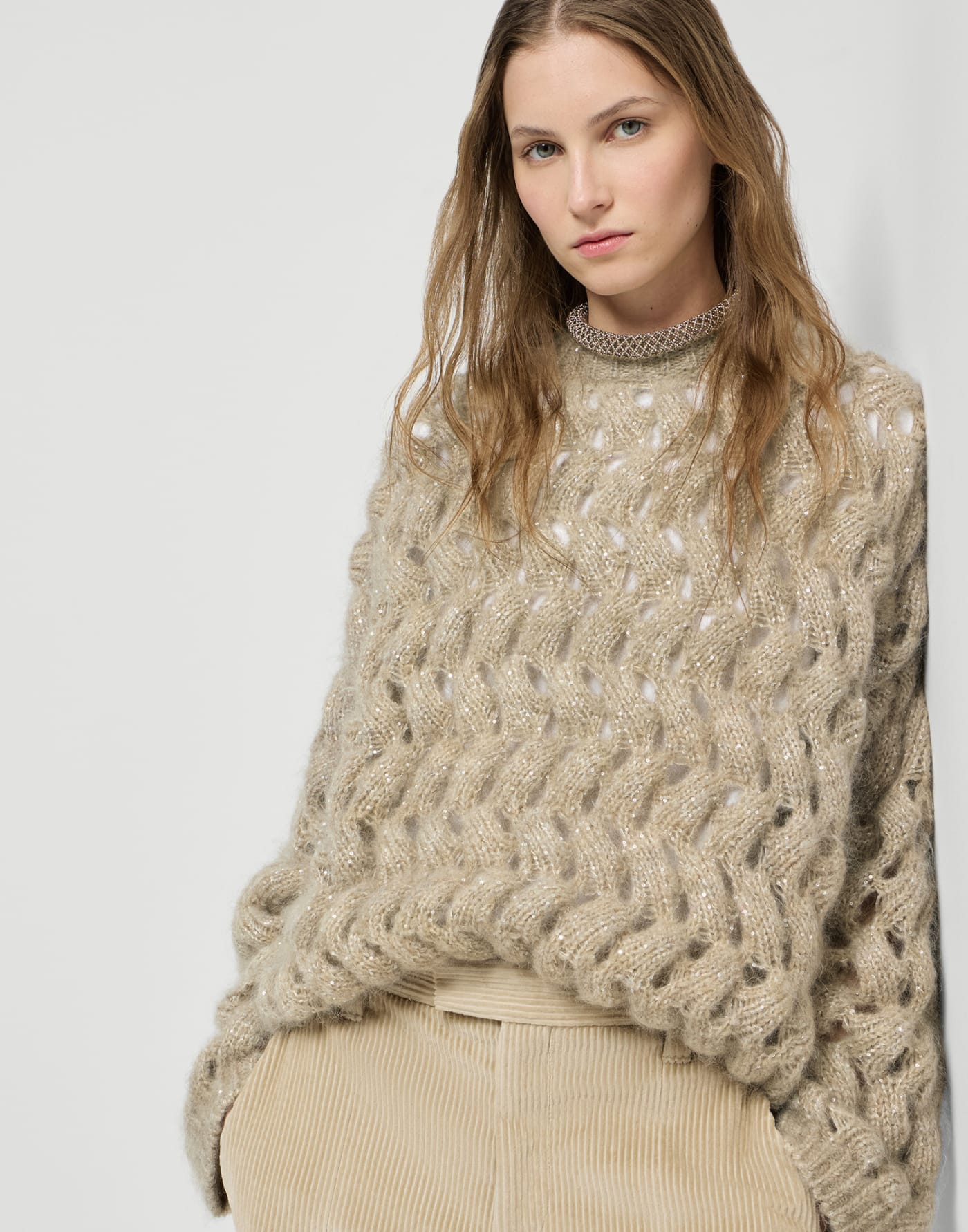 Dazzling Zigzag Cables sweater Sand Woman - Brunello Cucinelli