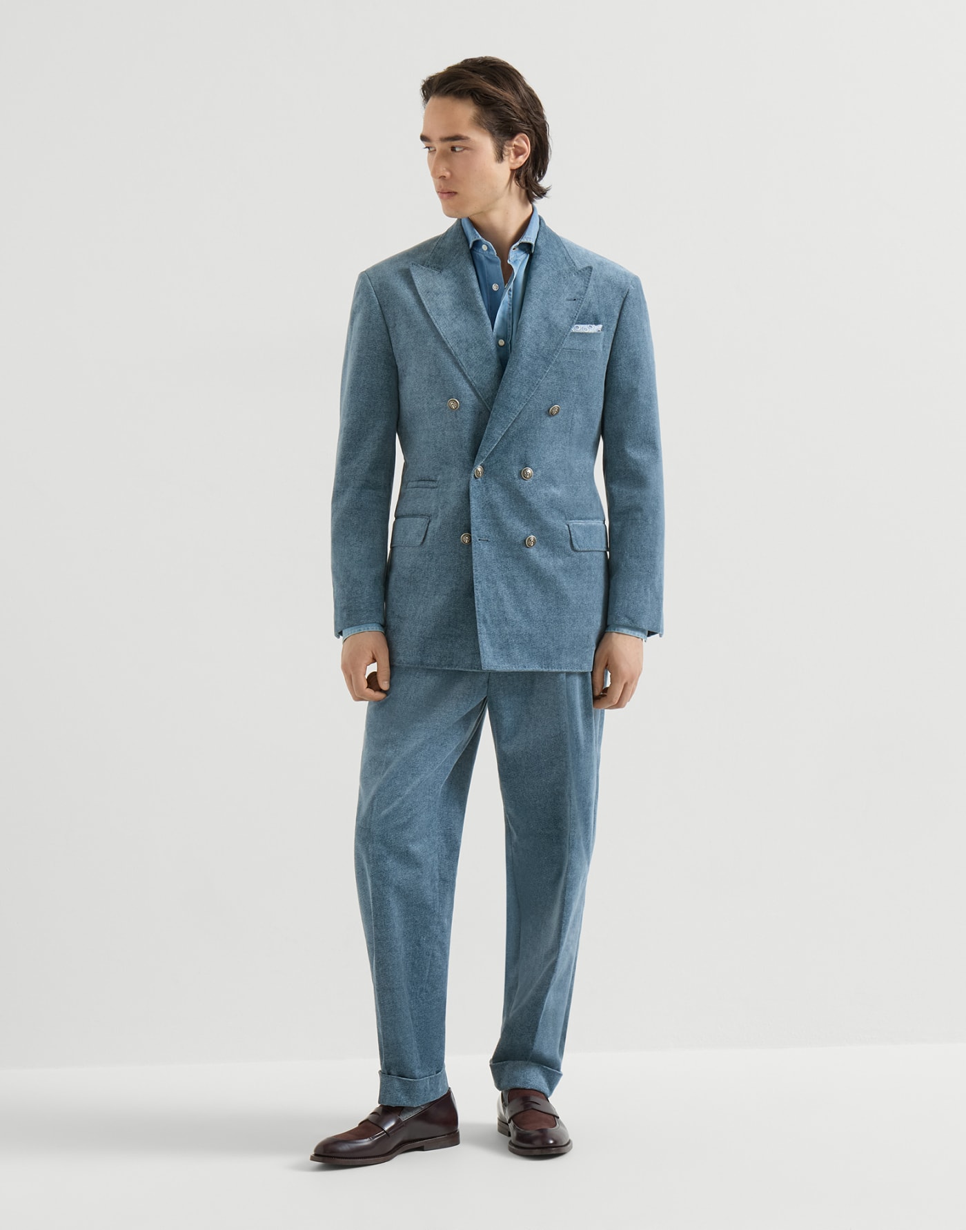 Abito Tailor in velluto effetto denim Ceruleo Uomo - Brunello Cucinelli