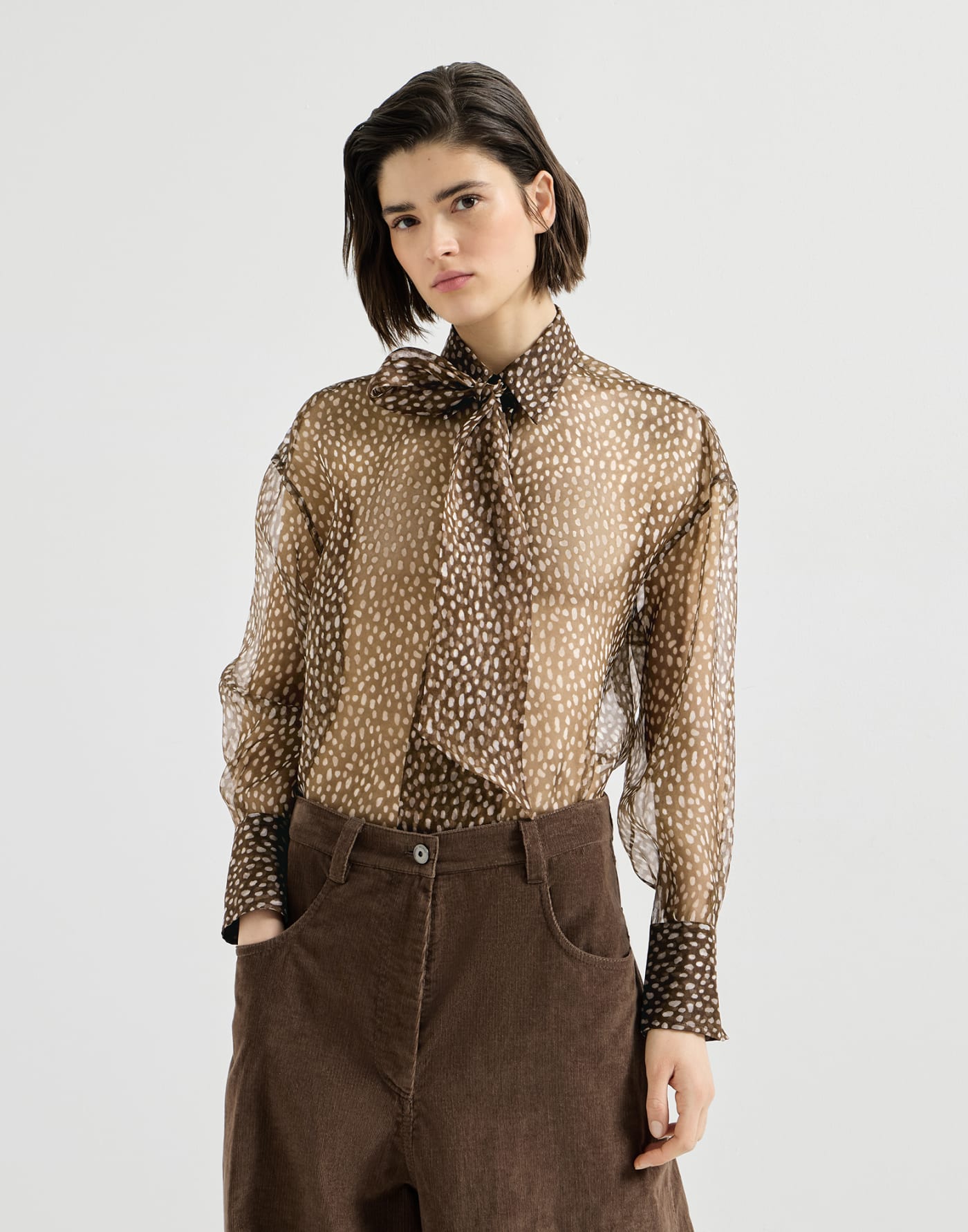 Dapple organza shirt with Neck Tie Brown Woman - Brunello Cucinelli