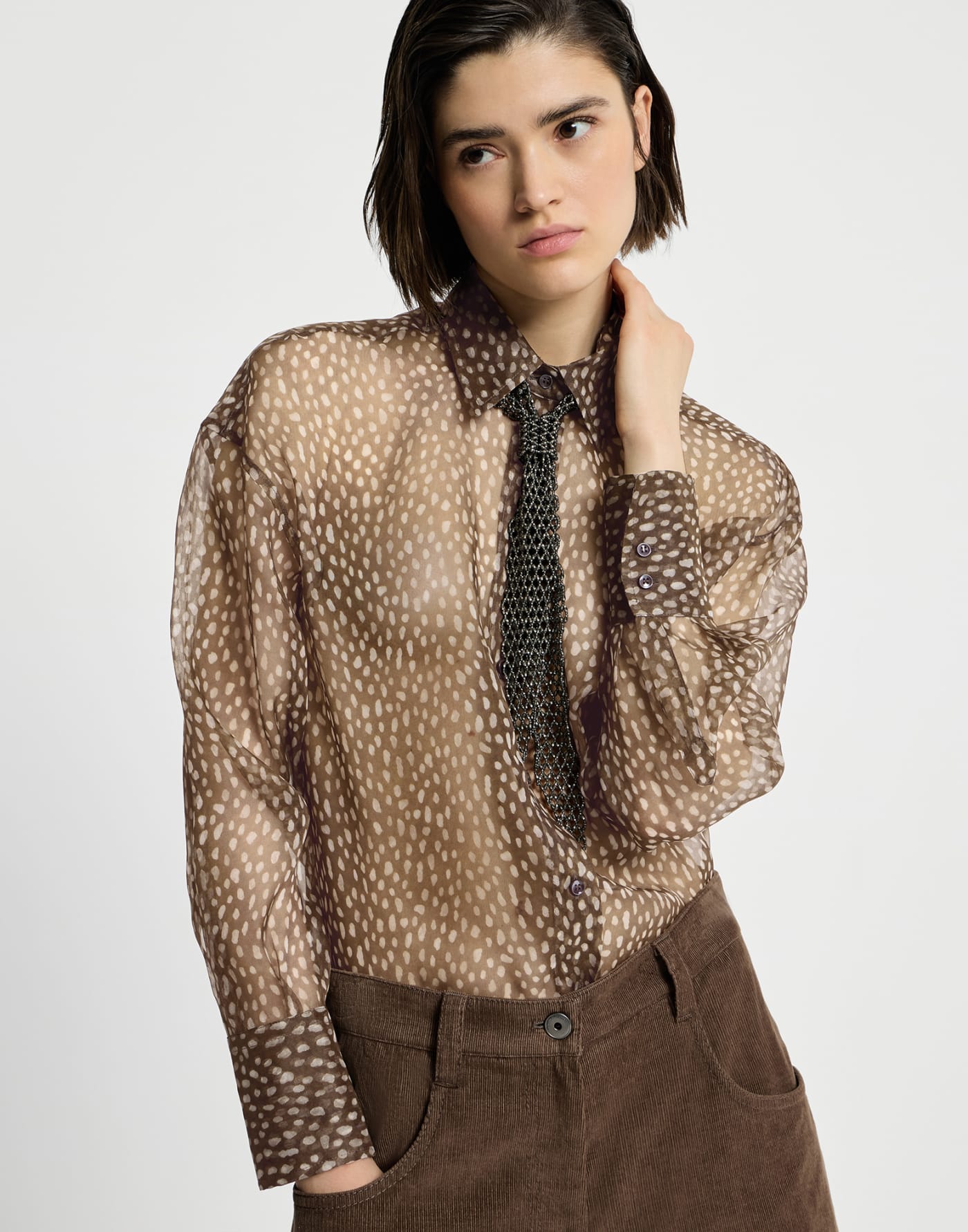 Dapple organza shirt with Neck Tie Brown Woman - Brunello Cucinelli
