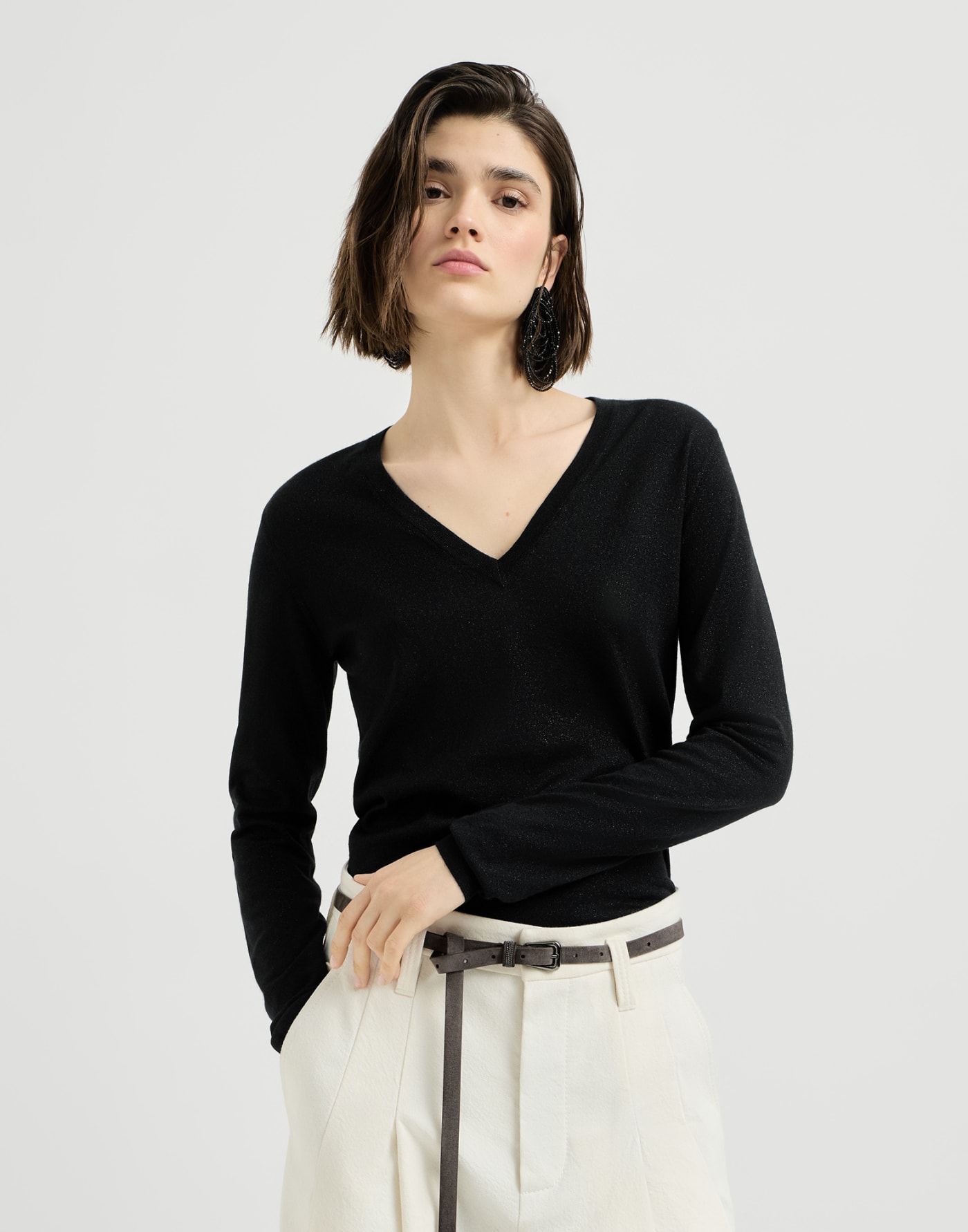 きらめくカシミヤとシルクのセーター ブラック レディース - Brunello Cucinelli