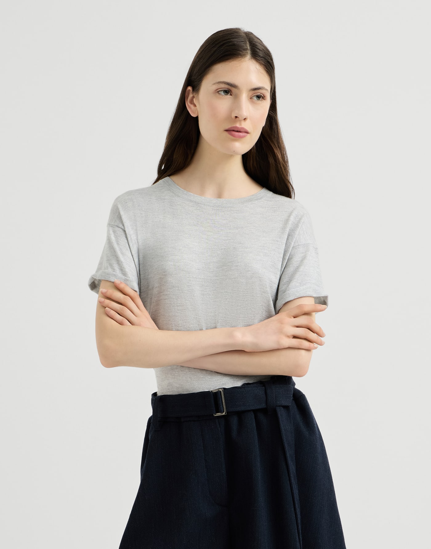 Cashmere and silk knit T-shirt Light Grey Woman - Brunello Cucinelli