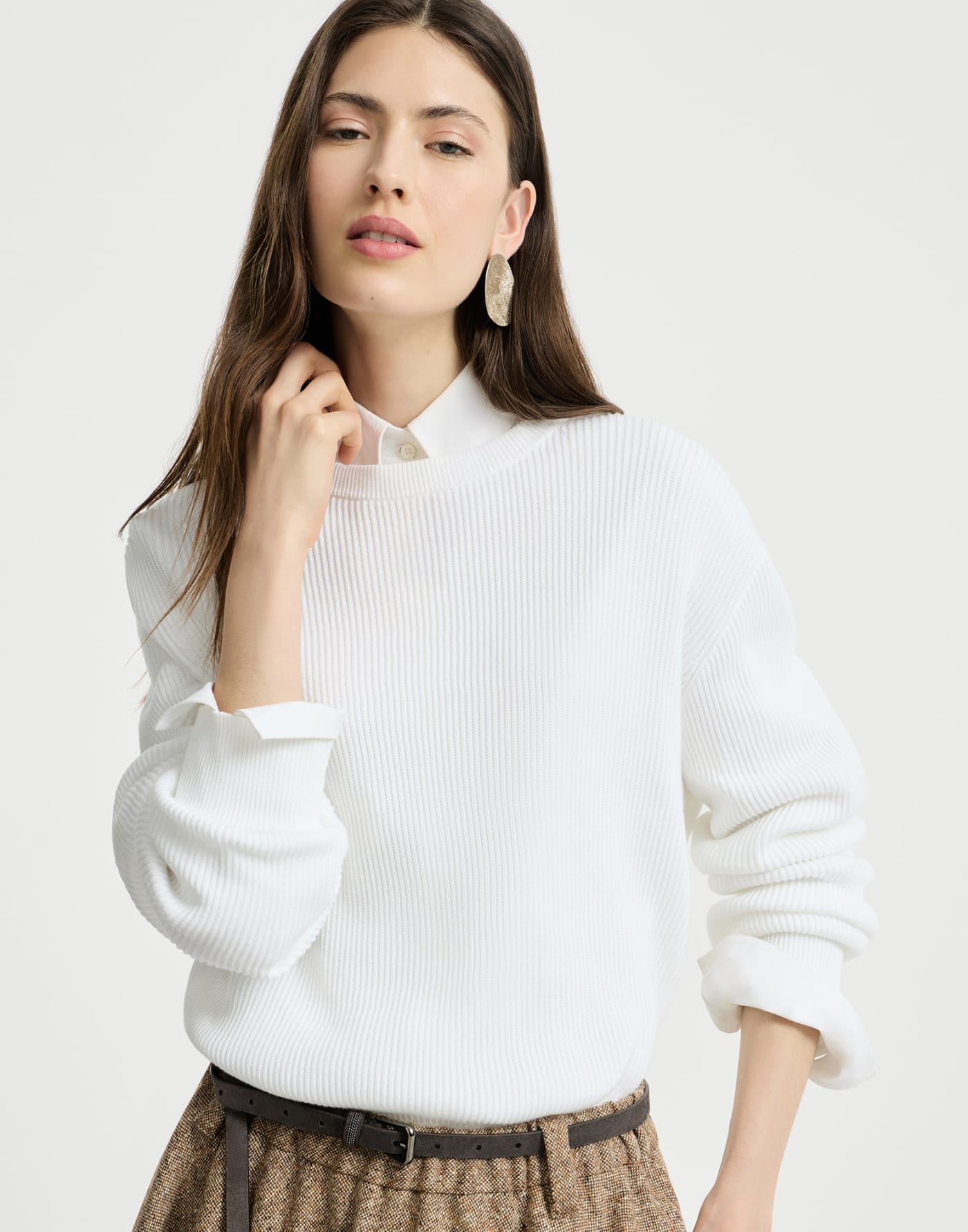 Cotton English rib sweater with monili White Woman - Brunello Cucinelli