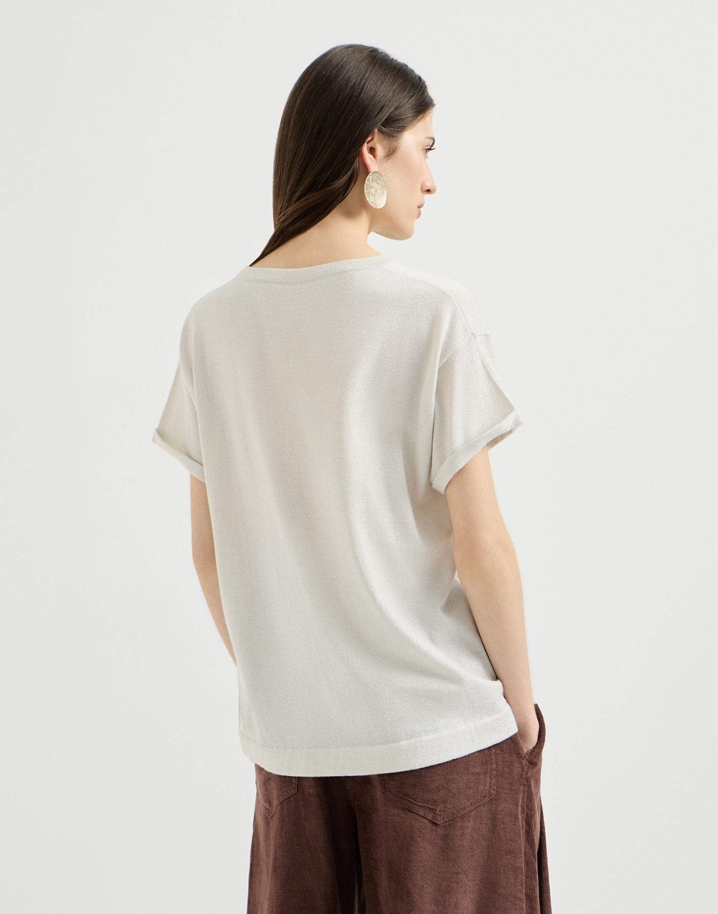 Cashmere and silk knit T-shirt Milk Woman - Brunello Cucinelli